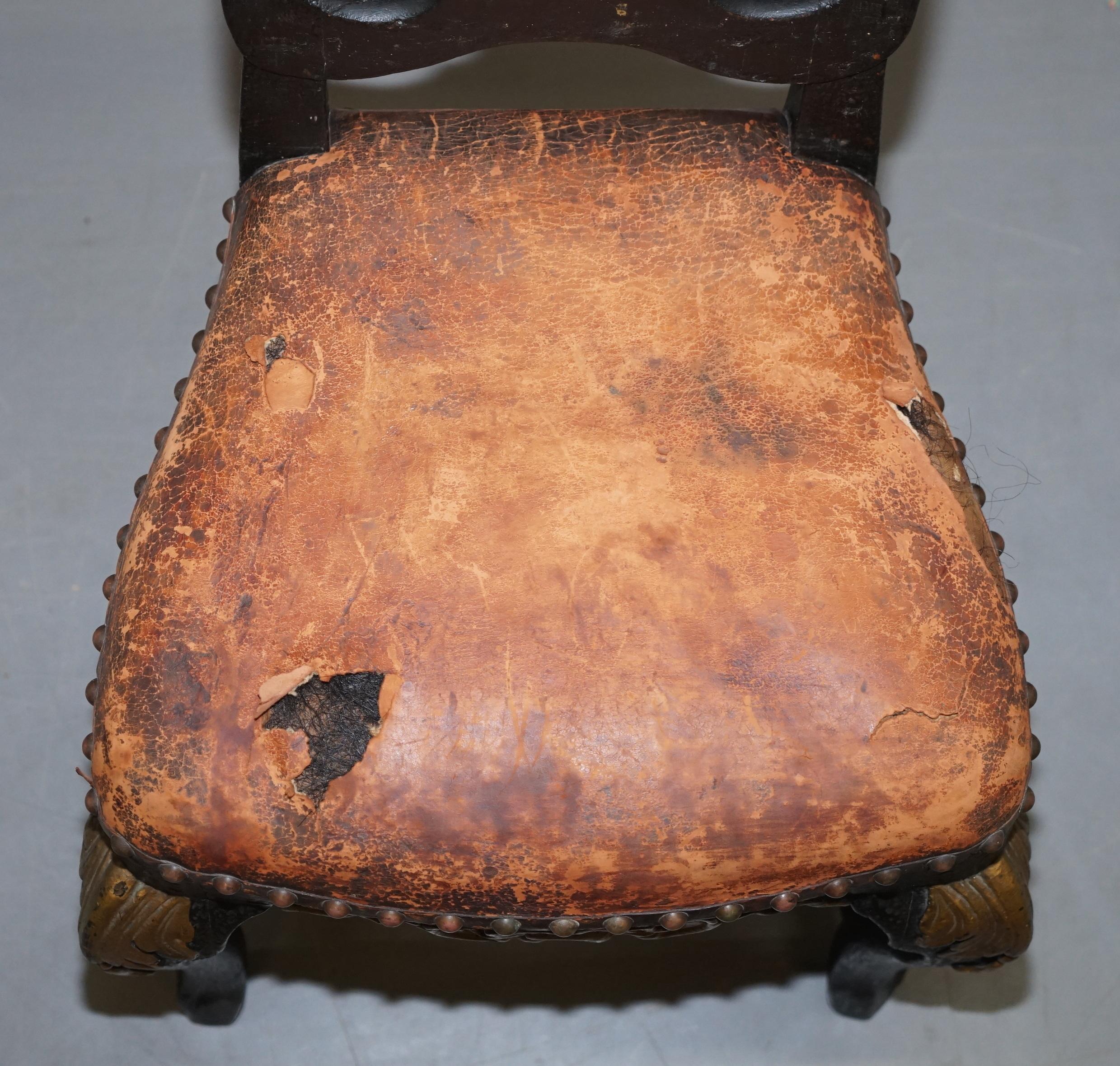 Victorian Old Spanish Throne Occasional High Back Chair Period Distressed Paint & Leather For Sale