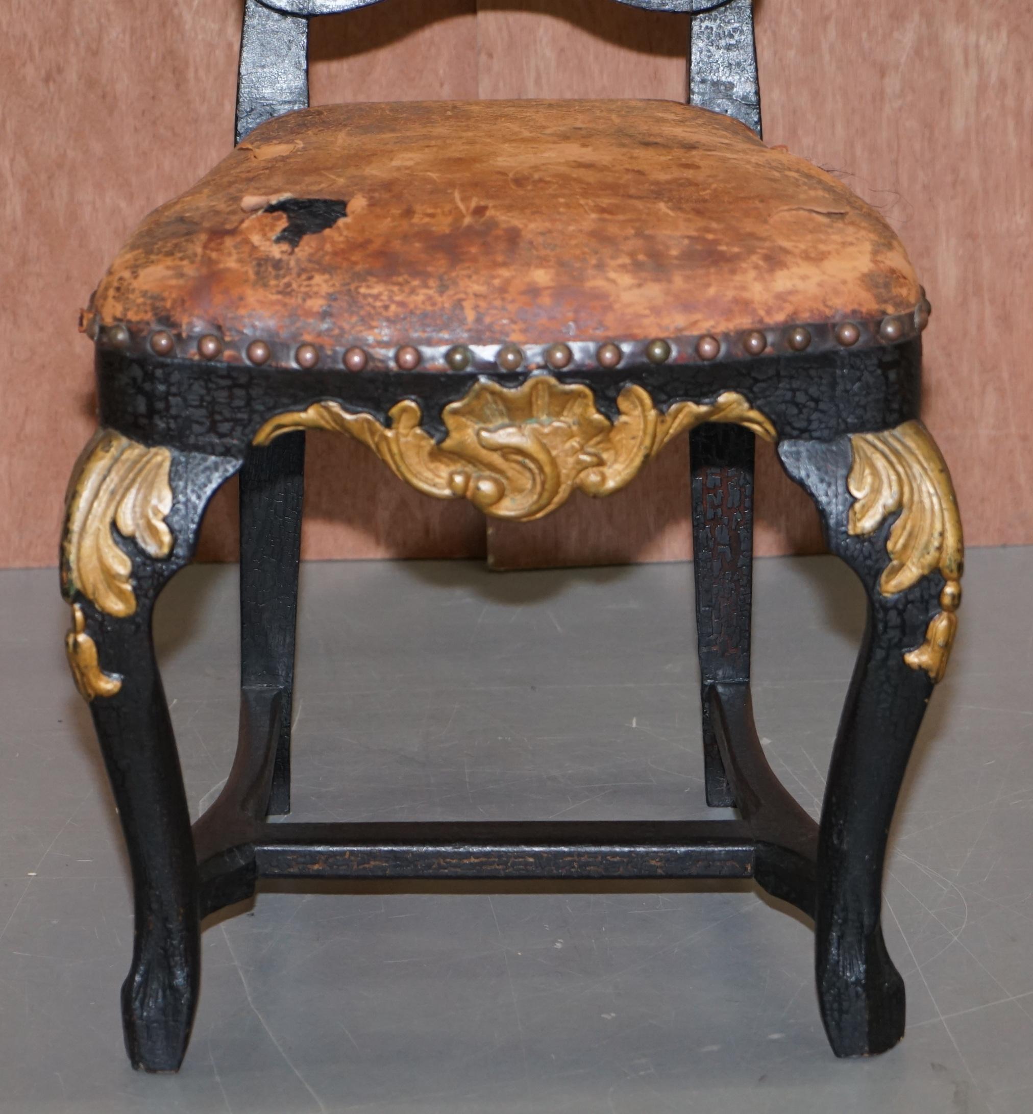 Hand-Crafted Old Spanish Throne Occasional High Back Chair Period Distressed Paint & Leather For Sale