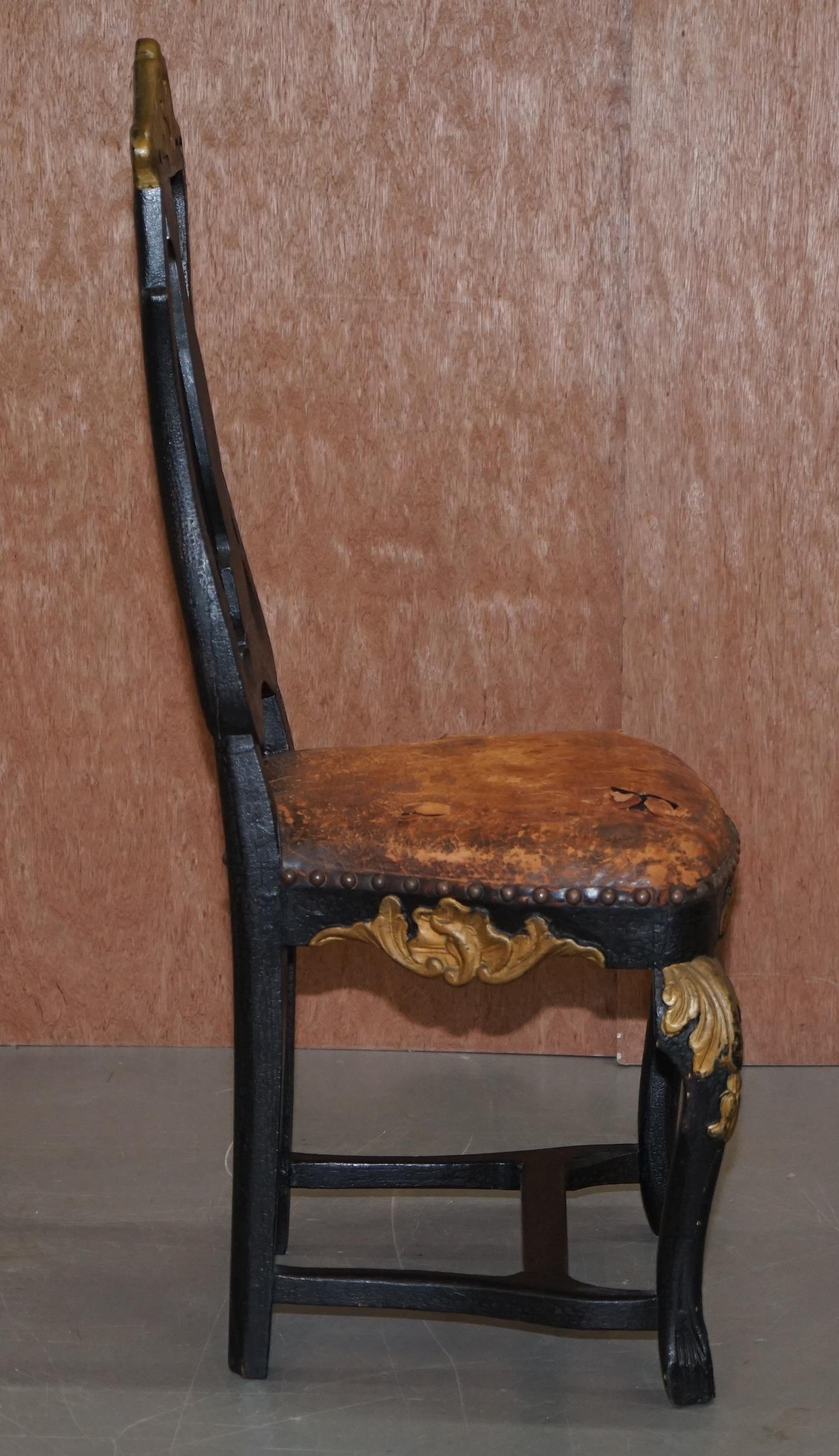 19th Century Old Spanish Throne Occasional High Back Chair Period Distressed Paint & Leather For Sale
