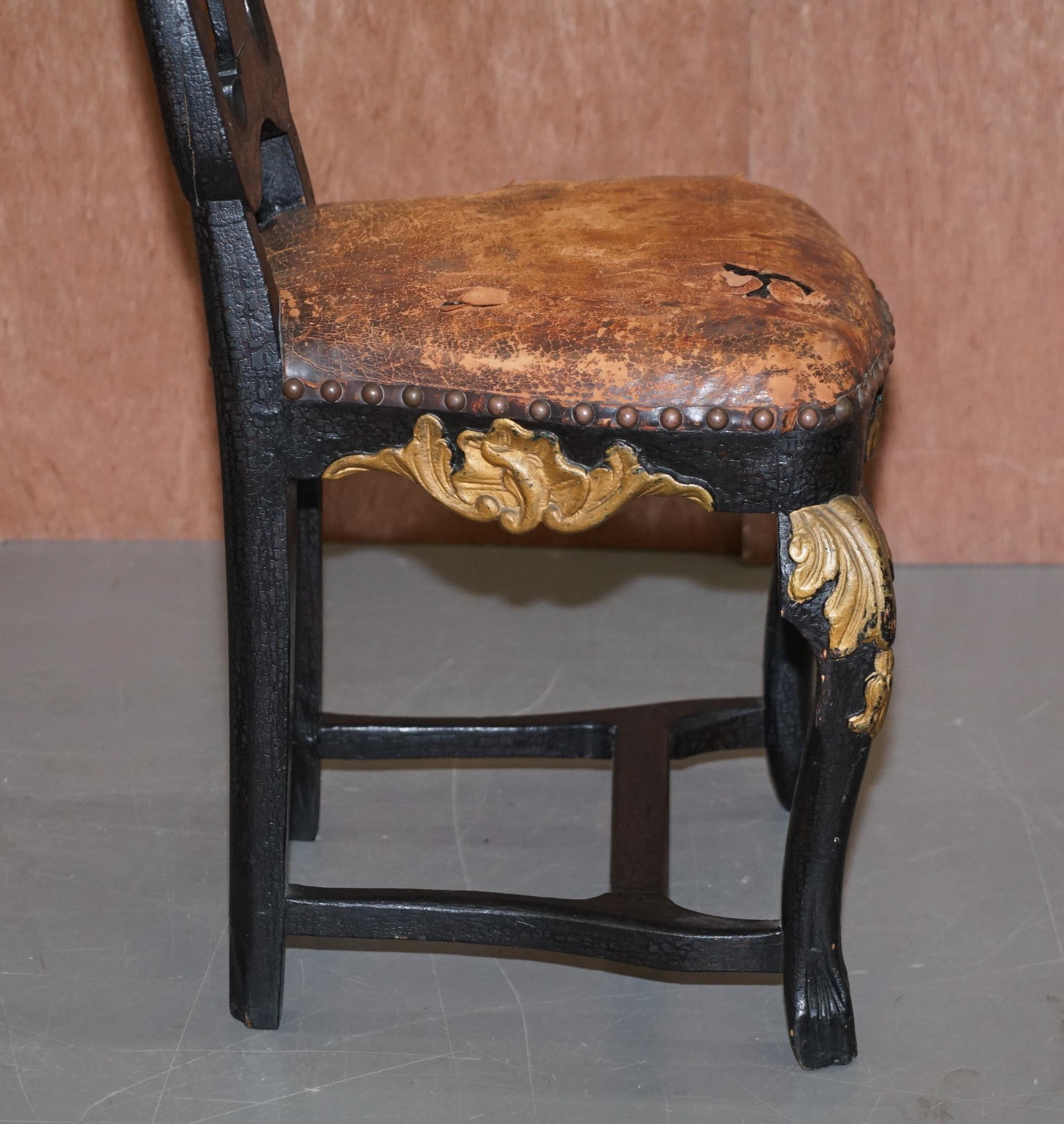 Old Spanish Throne Occasional High Back Chair Period Distressed Paint & Leather For Sale 1