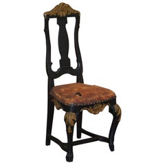 Antique Old Spanish Throne Occasional High Back Chair Period Distressed Paint & Leather