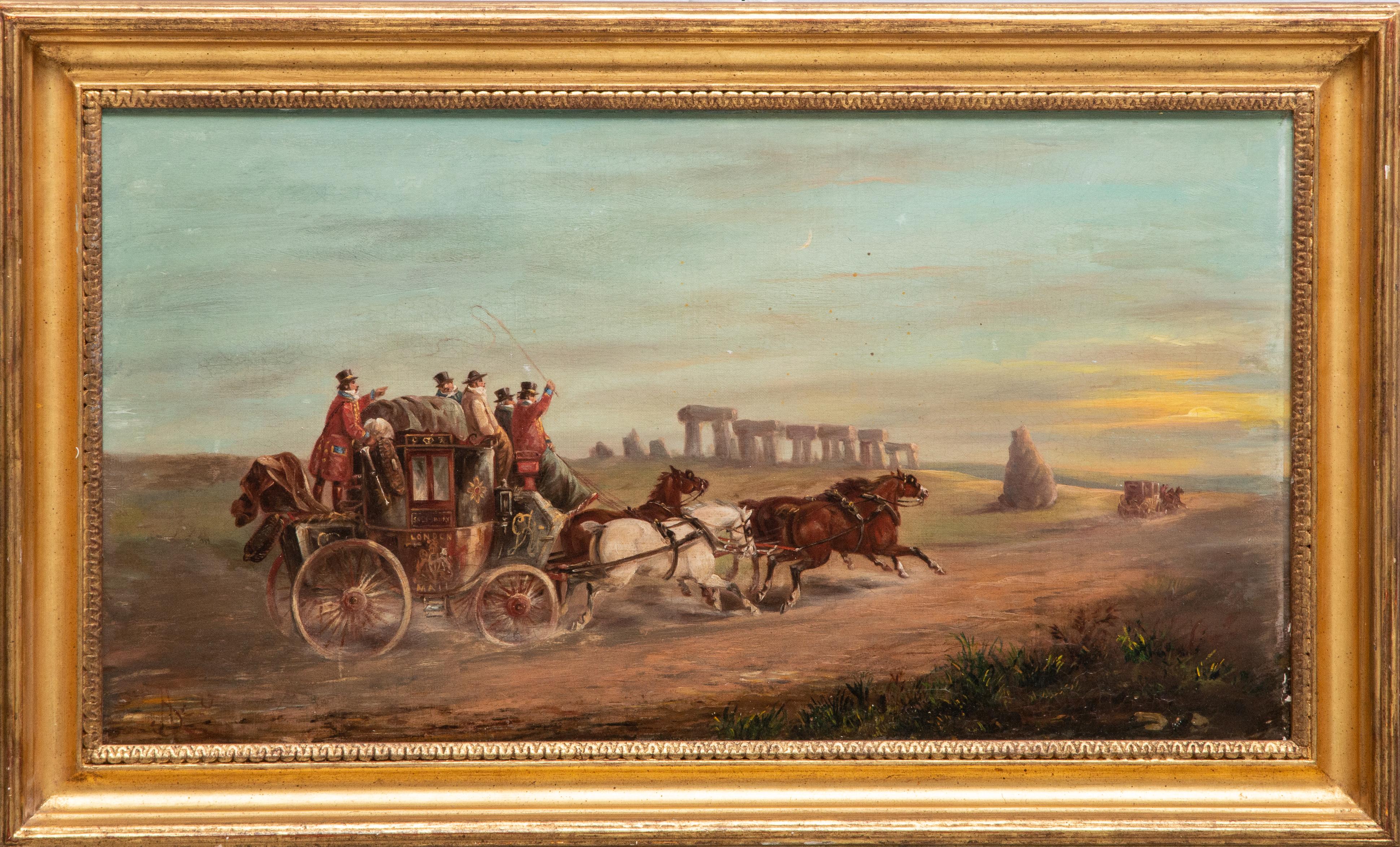 English School: Old Stagecoach/ Mail Wagon Oil on board, indistinctly signed with a monogram lower left. 14 x 26 in., 18 x 30 in. (frame) in good condition overall.