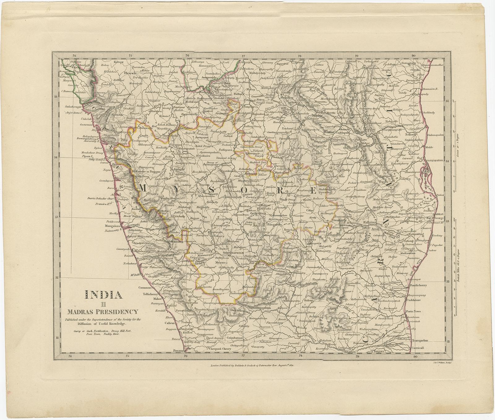 Antique map titled 'India II Madras Presidency'. 

Old steel engraved map of the western part of the Madras Presidency. The Madras Presidency, or the Presidency of Fort St. George, and also known as Madras Province, was an administrative subdivision
