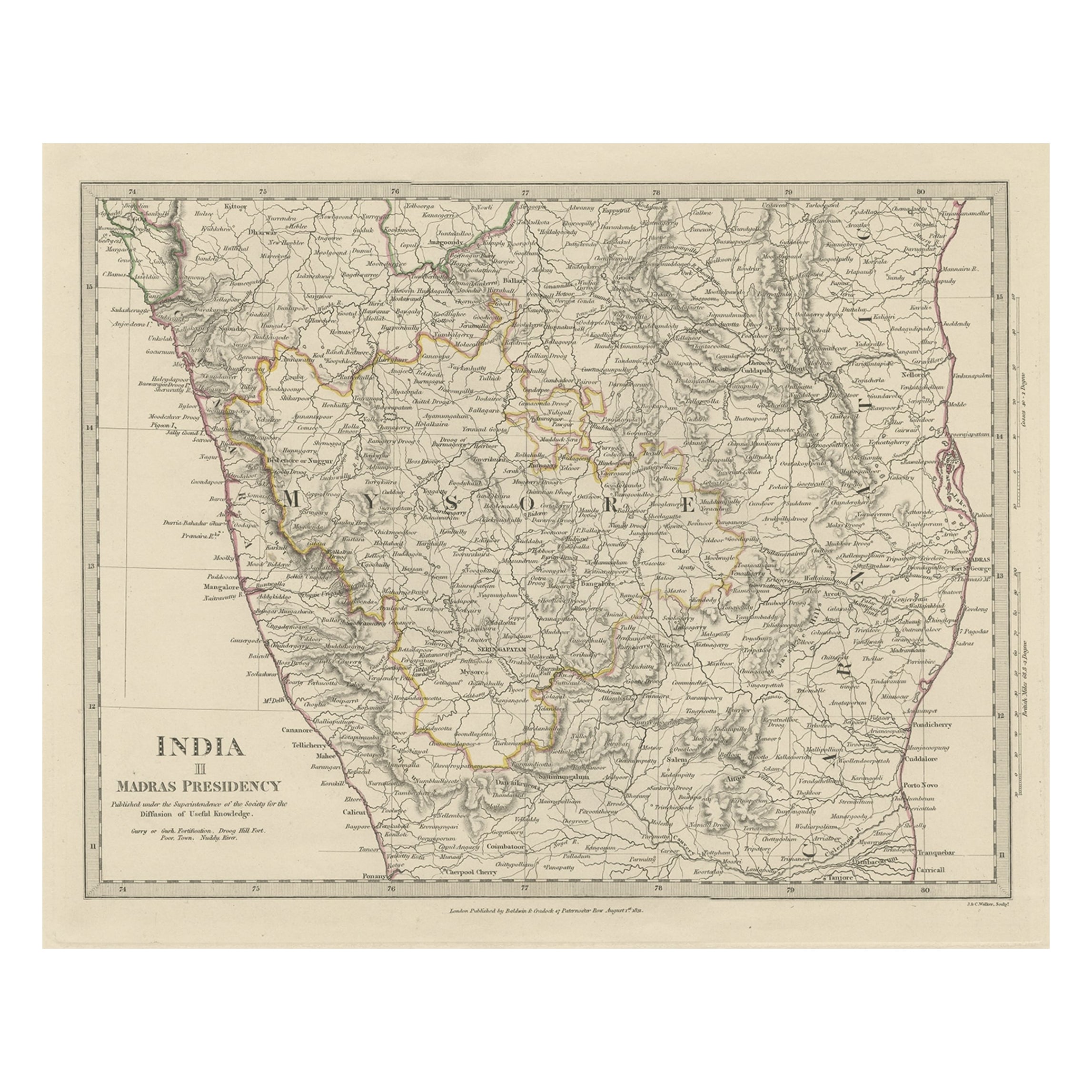 Carte gravée en acier de la partie occidentale de la présidence de Madras, 1831 en vente