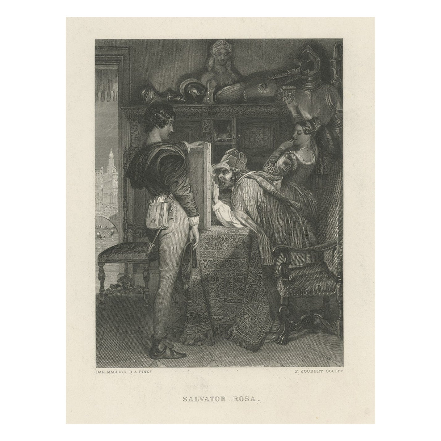 Ancienne gravure en acier de Salvator Rosa, peintre et poète baroque italien, vers 1890