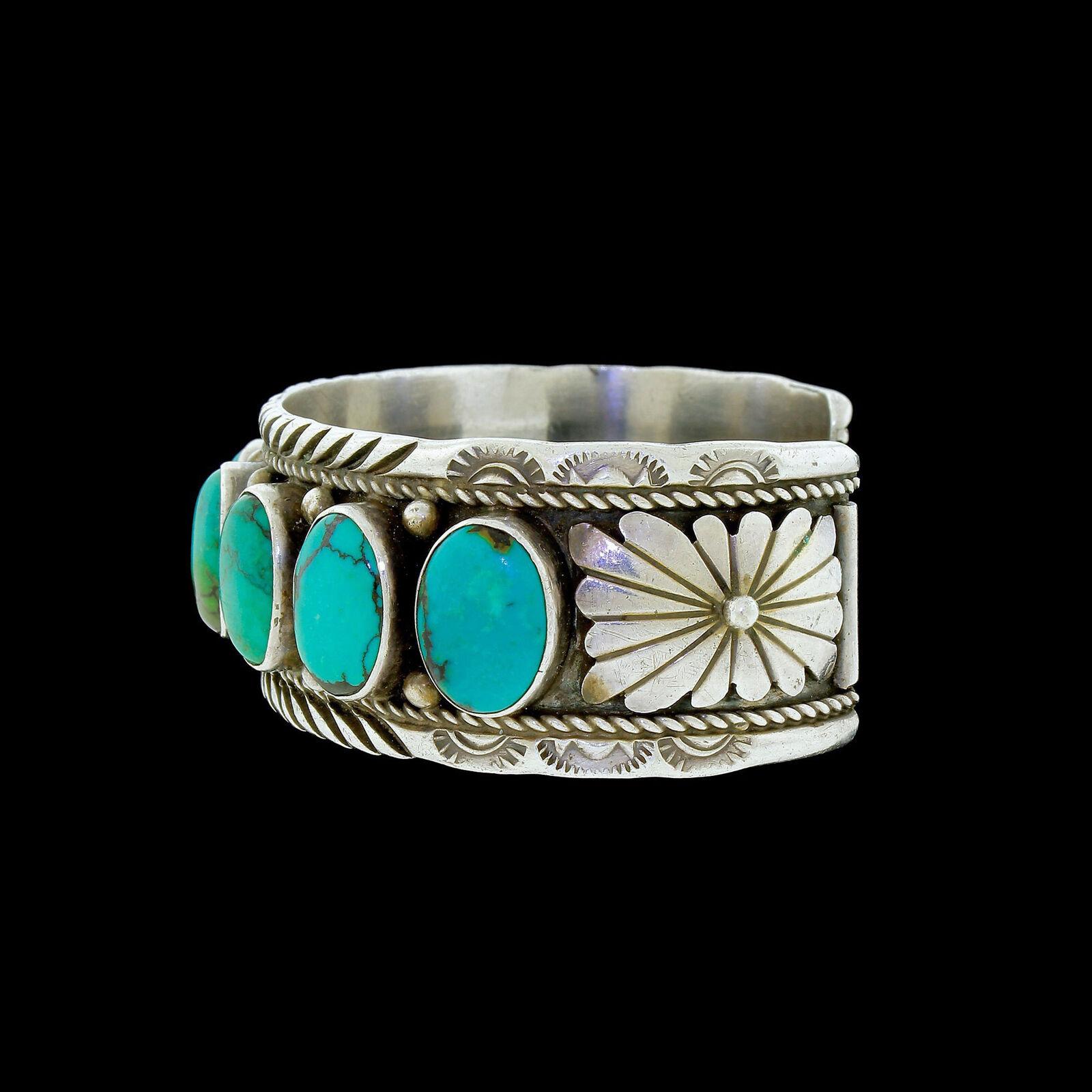 Native American Old Sterling Silver Blue Turquoise Russell Sam Signed Cuff Bracelet Navajo 57.6g