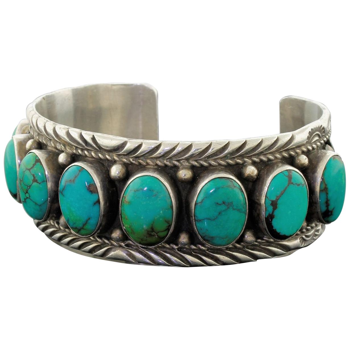 Old Sterling Silver Blue Turquoise Russell Sam Signed Cuff Bracelet Navajo 57.6g