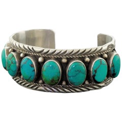 Old Sterling Silver Blue Turquoise Russell Sam Signed Cuff Bracelet Navajo 57.6g