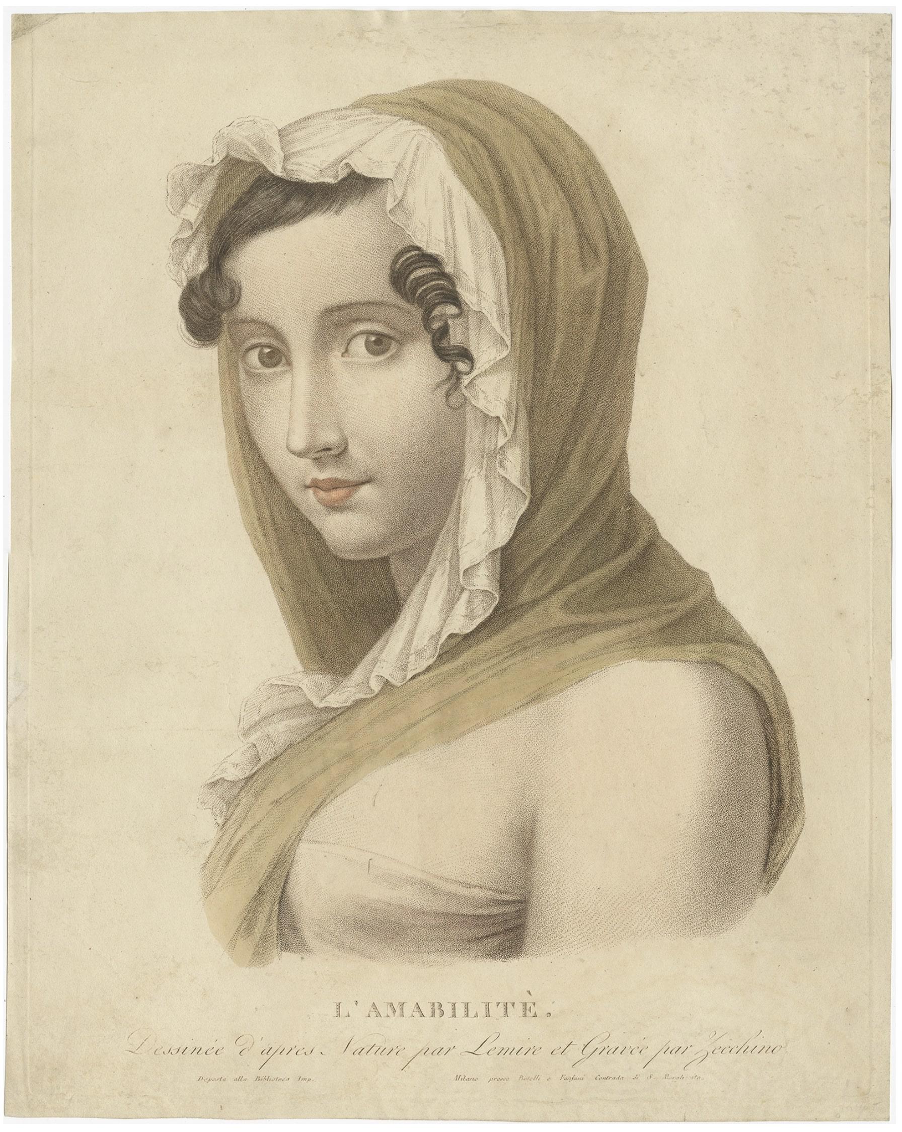 Antique print titled 'L'Amabilité'. 

Old stipple engraving depicting a young woman personifying 'kindness'. 

Artists and Engravers: Engraved by Zecchino after A. Lemire. 

Condition: Good, general age-related toning. Some wear, please study
