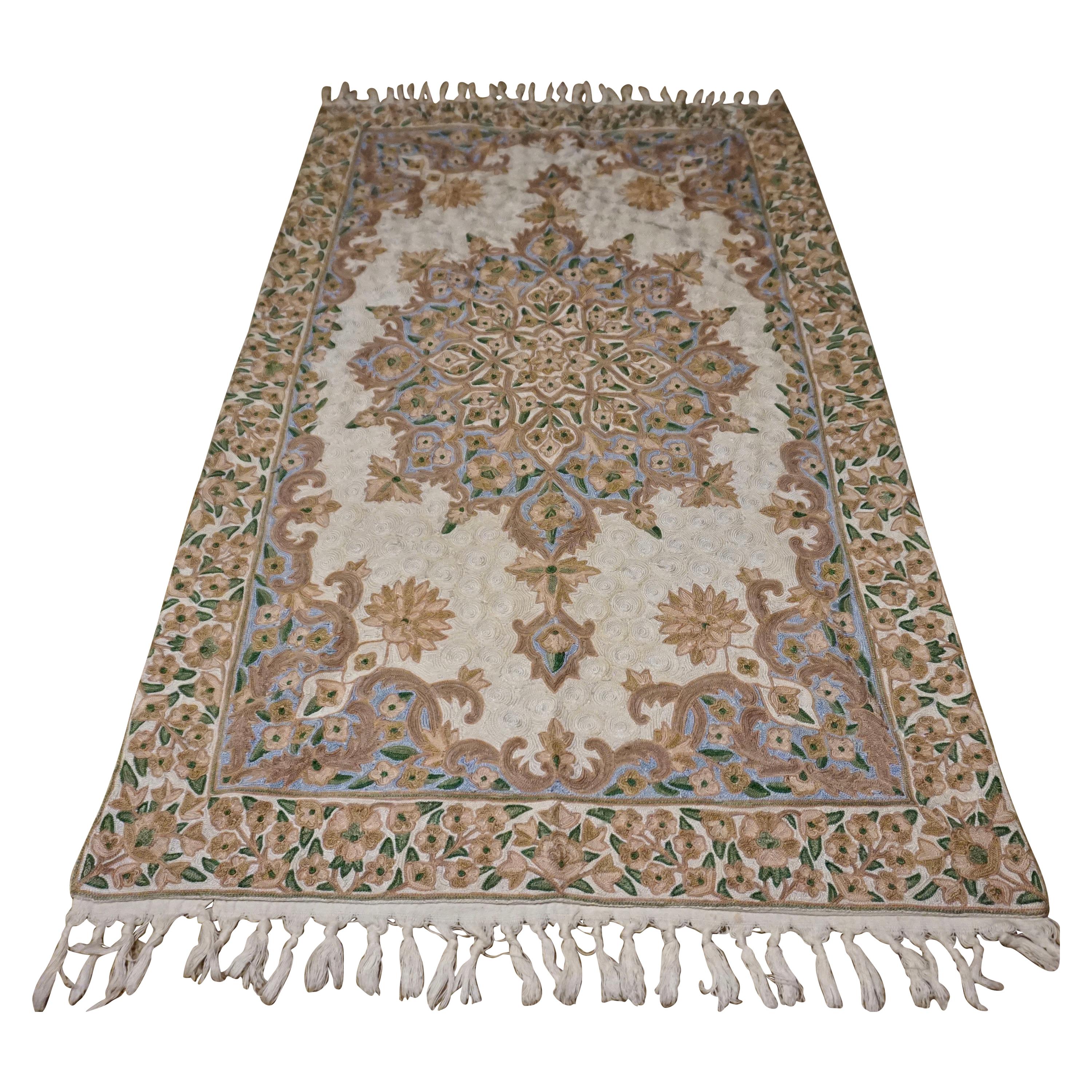 Old Stock 1960s Kashmir Chain Stitch Silk on Cotton Fine Rug Tapestry