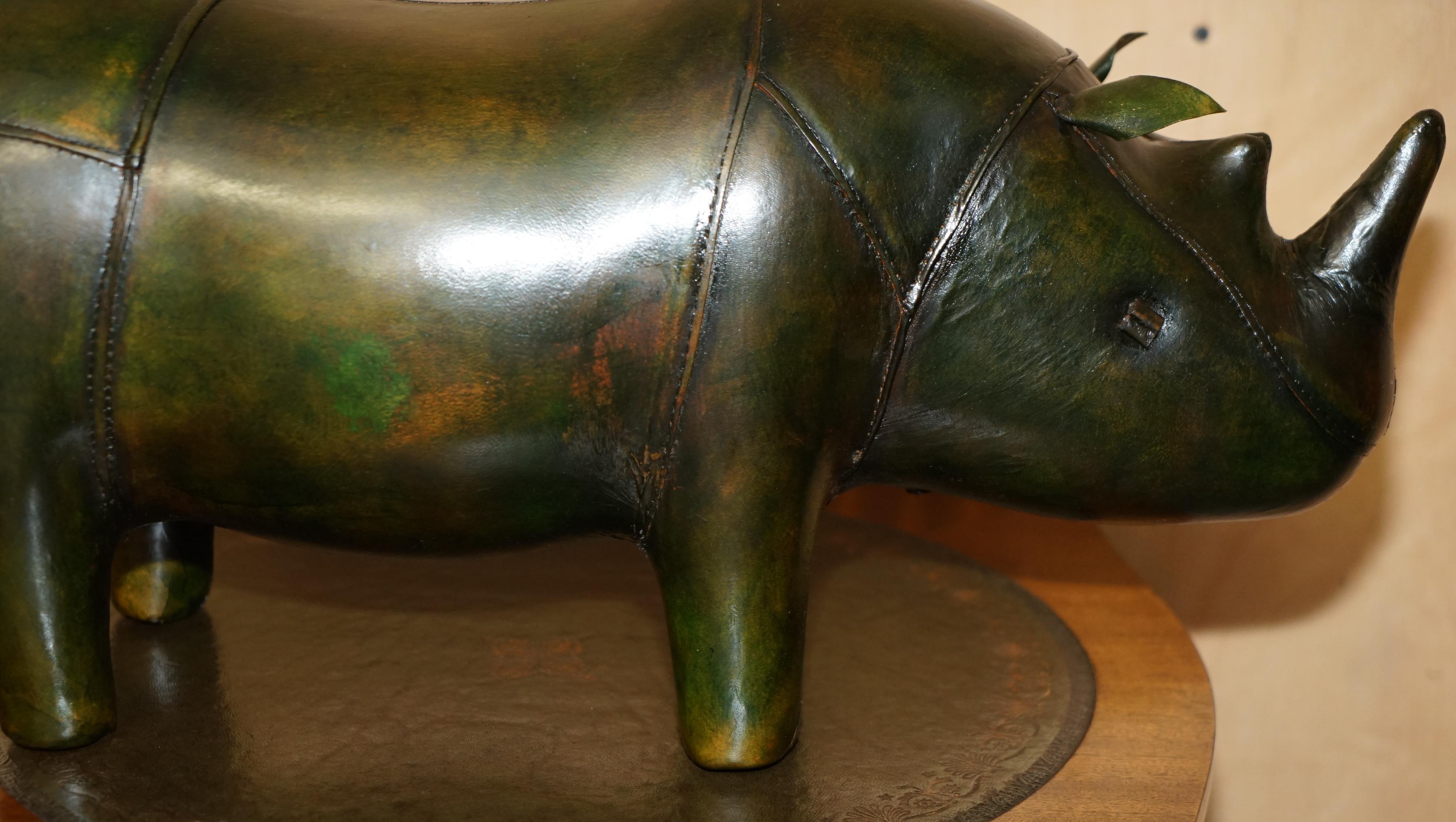 European OLD STOCK LiBERTY LONDON STYLE OMERSA GREEN LEATHER FOOTSTOOL RHINOCEROS RHINO For Sale