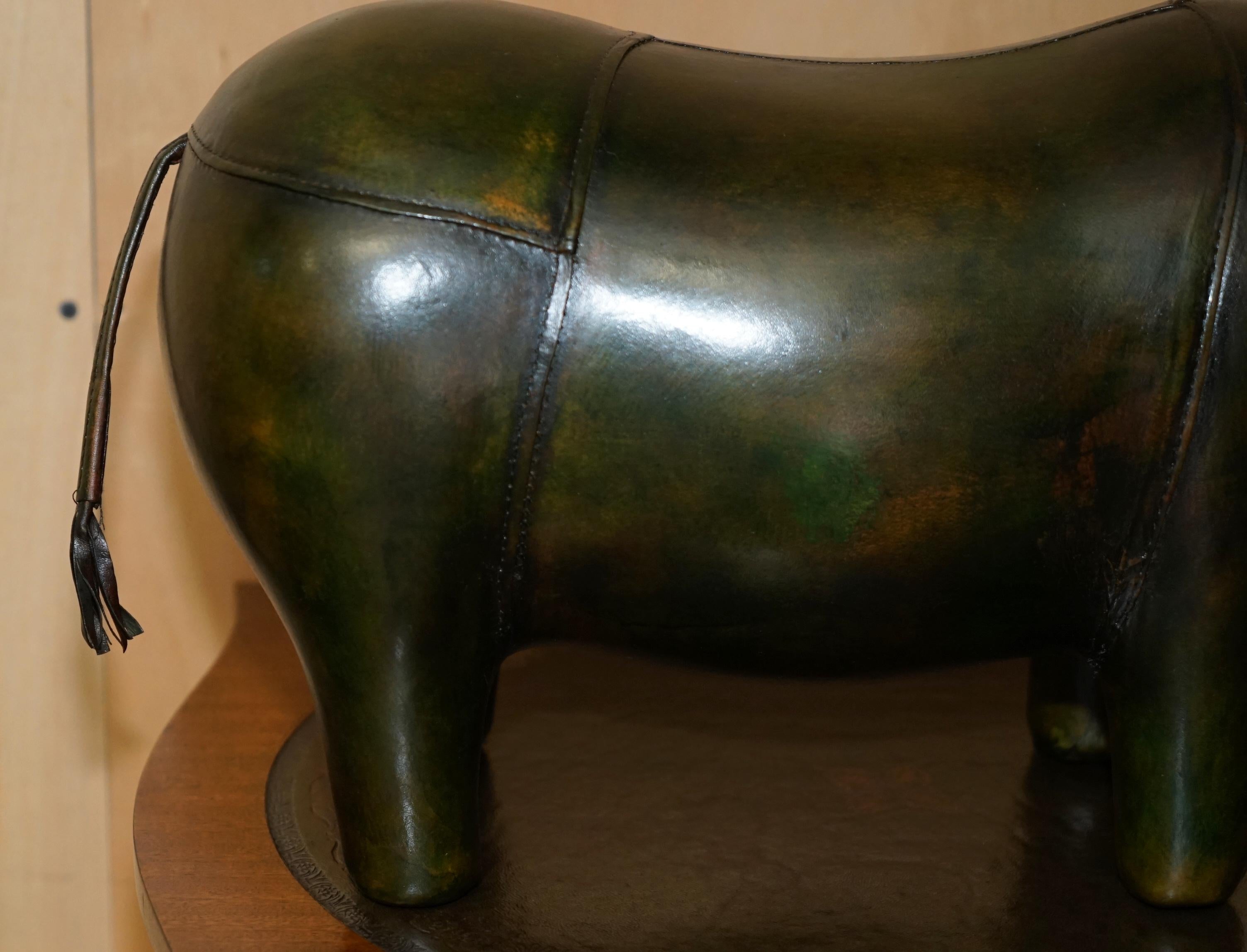 Hand-Crafted OLD STOCK LiBERTY LONDON STYLE OMERSA GREEN LEATHER FOOTSTOOL RHINOCEROS RHINO For Sale