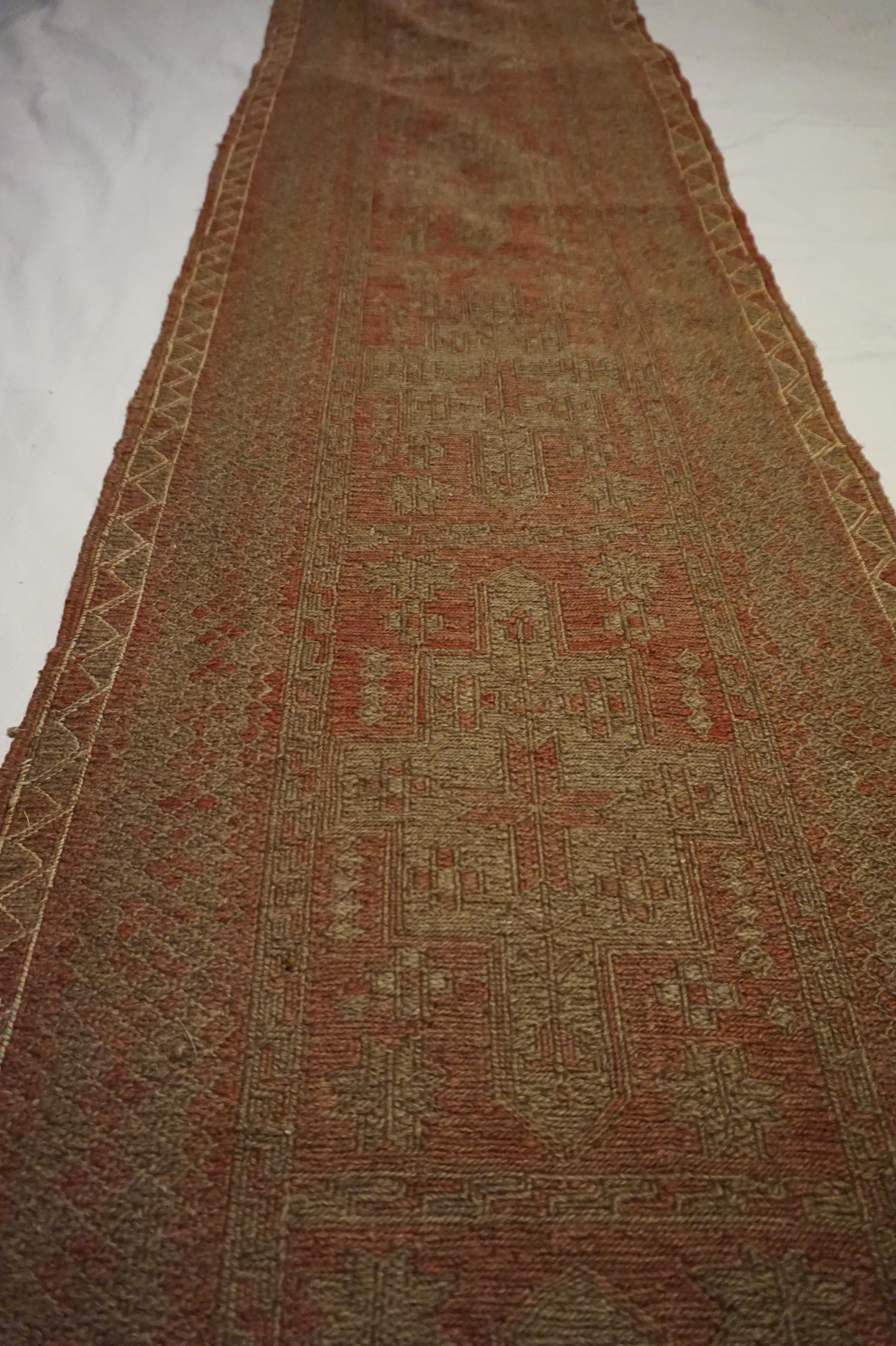 Wool Old Stock Muted Baluch Long Hand-knotted Kilim Runner In Subtle Muted Hues For Sale