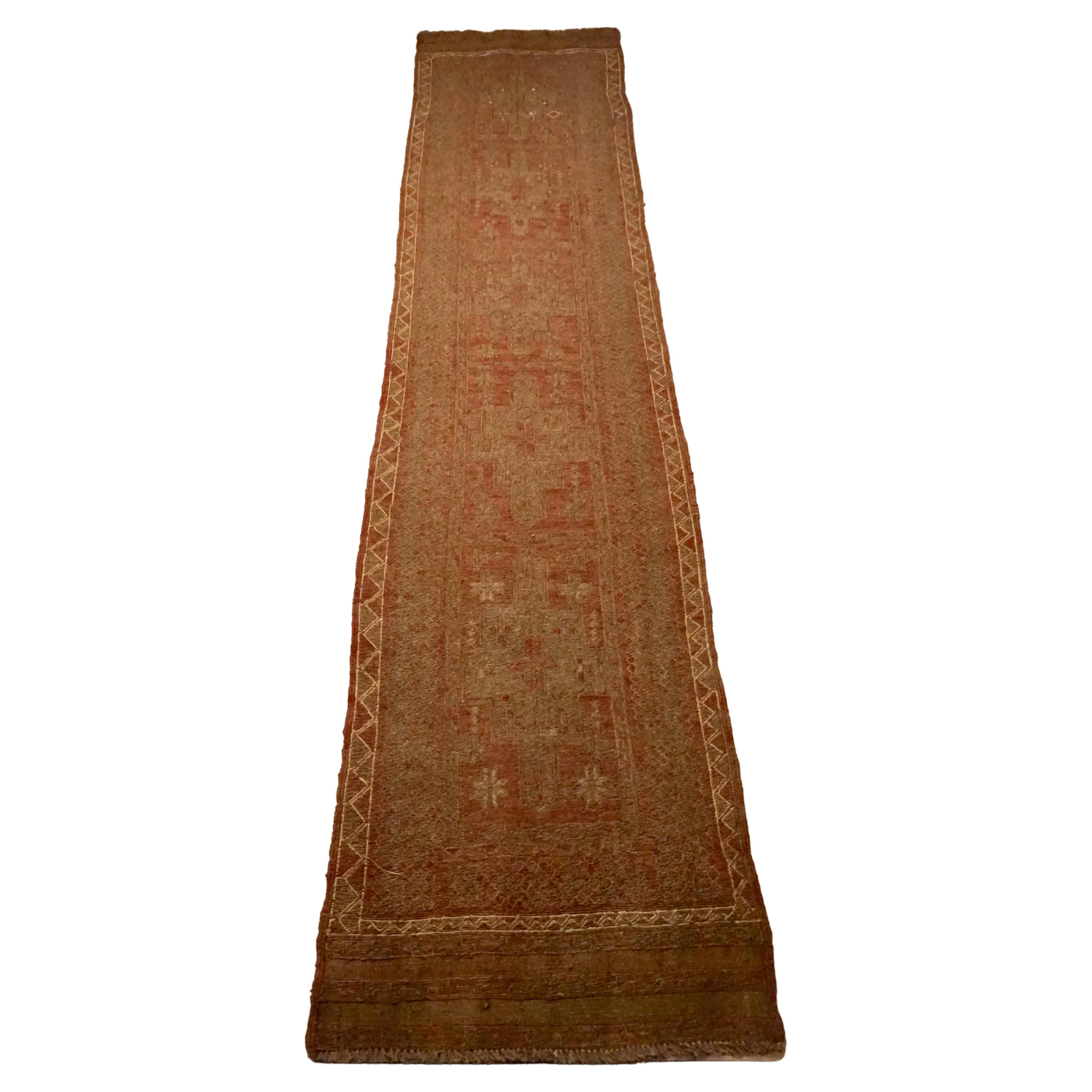 Old Stock Muted Baluch Long Hand-knotted Kilim Runner In Subtle Muted Hues For Sale
