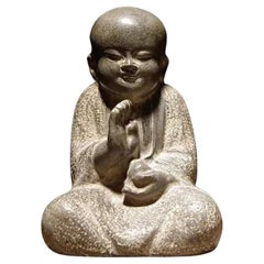Antique Old Stone Carving Young Sitting Monk Statue with One Hand Straight Up