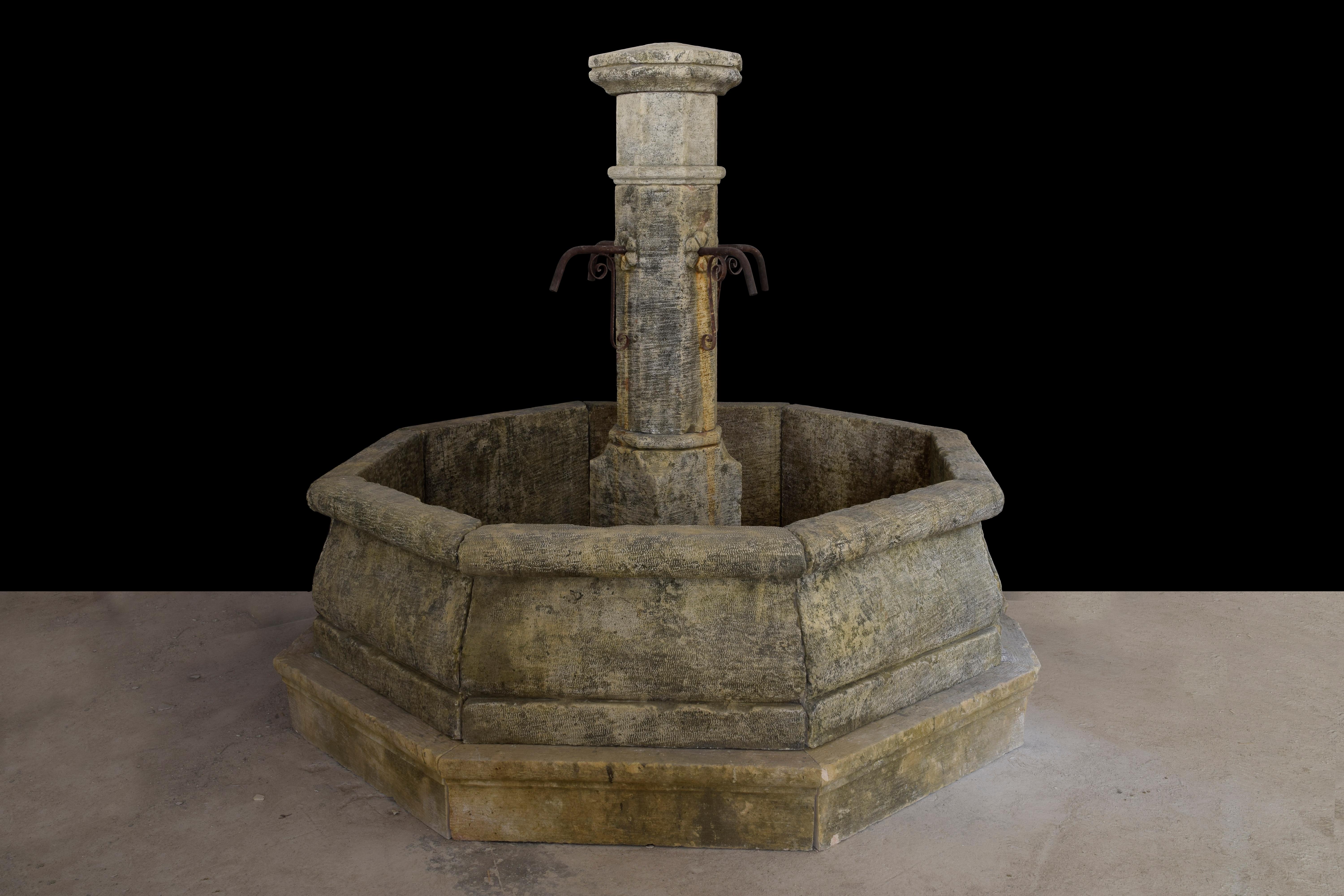Rustic Old Stone Fountain - Limestone Pool Fountain - Antique Garden Fountain - octagon For Sale