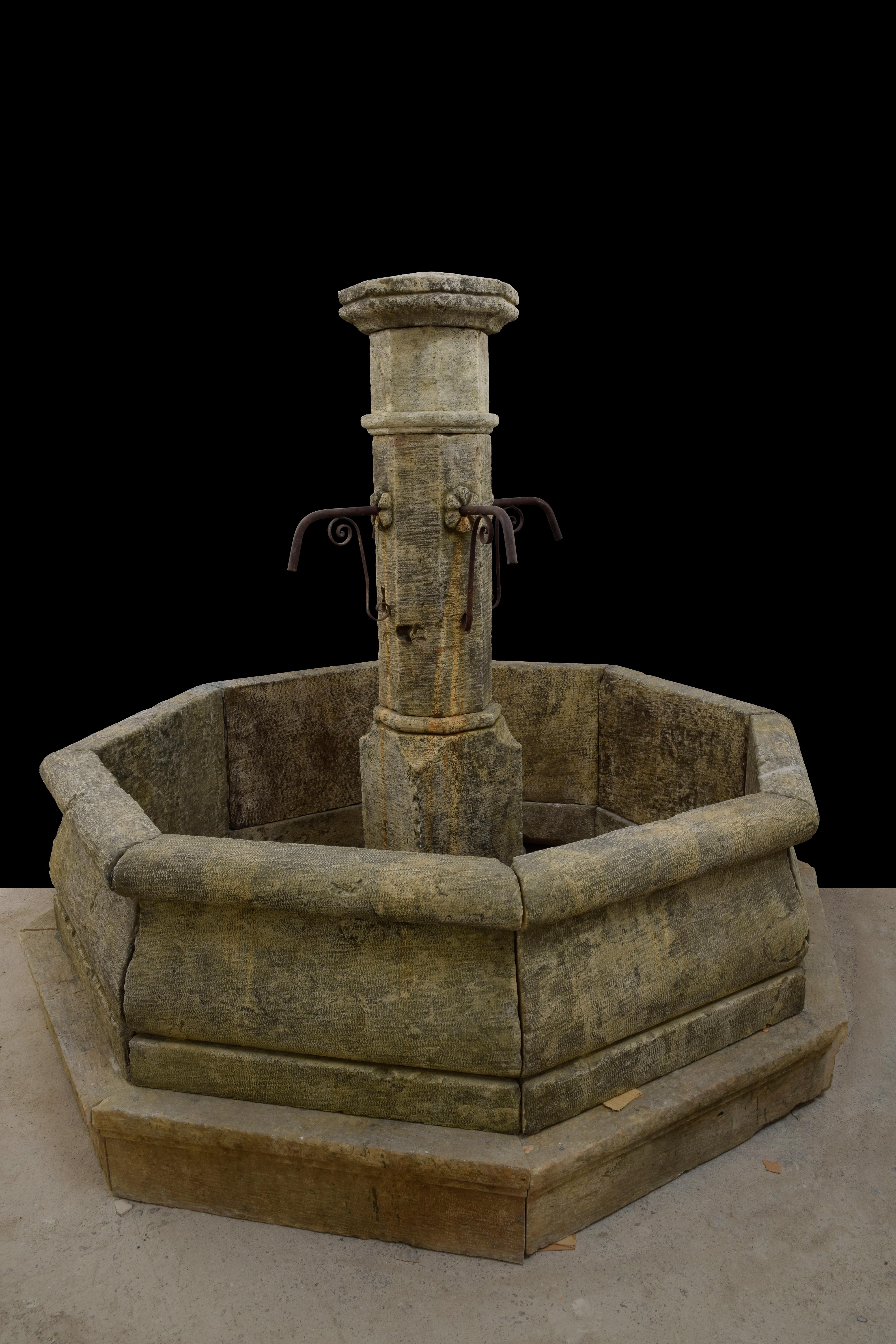 Old Stone Fountain - Limestone Pool Fountain - Antique Garden Fountain - octagon In Distressed Condition For Sale In Costa Mesa, CA