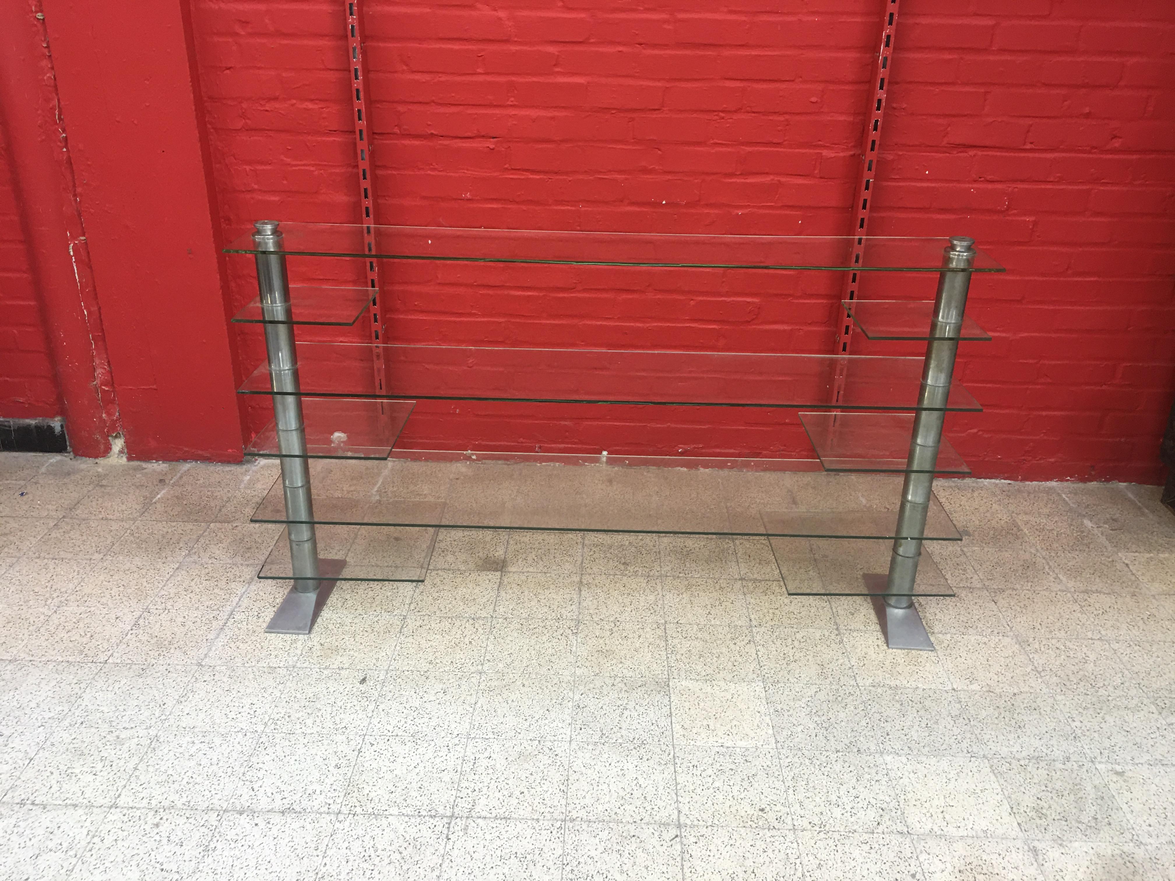 Mid-20th Century Old Store Shelf, Art Deco Period, Steel and Safety Glass, circa 1930 For Sale