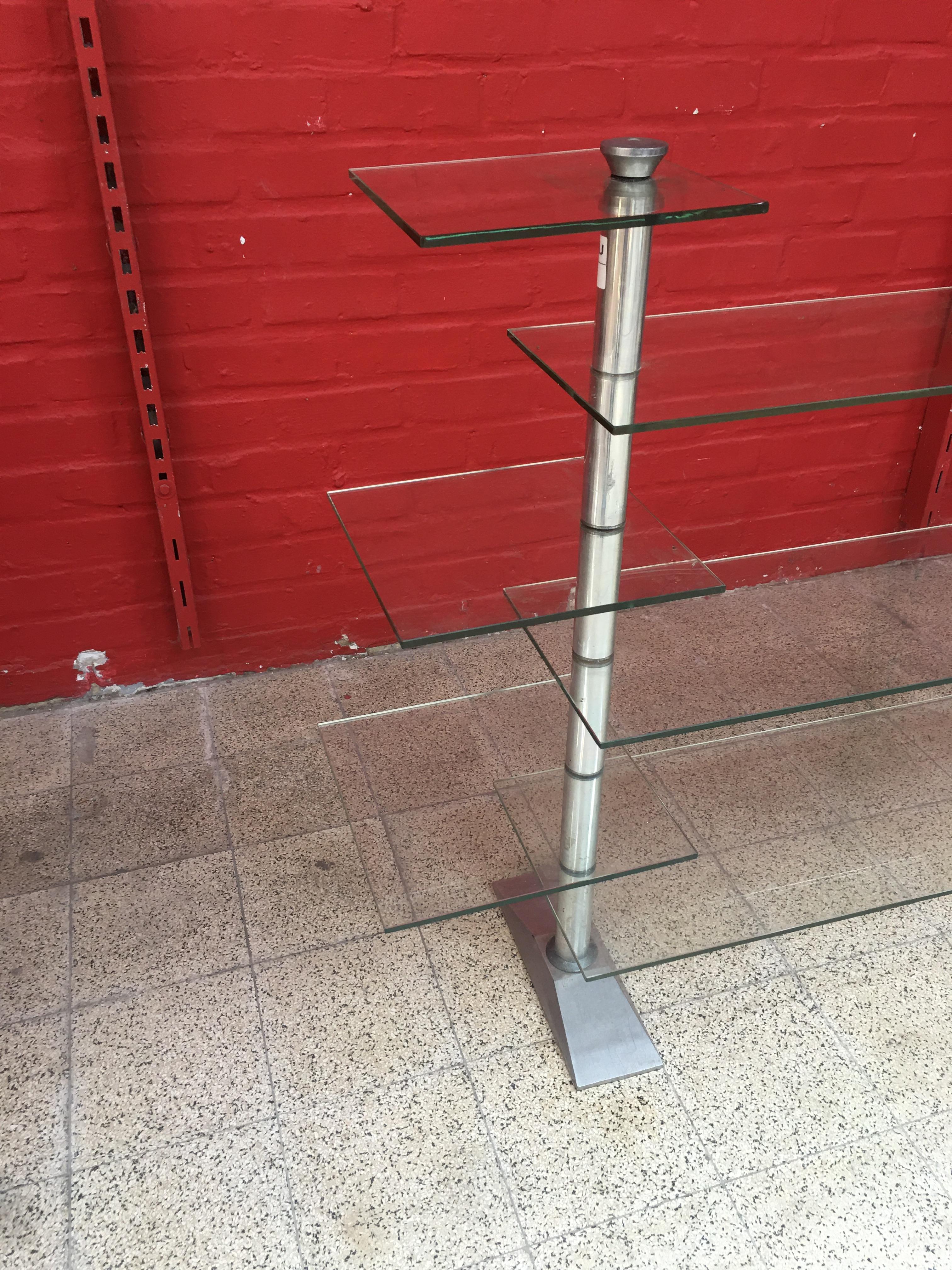 Stainless Steel Old Store Shelf, Art Deco Period, Steel and Safety Glass, circa 1930 For Sale