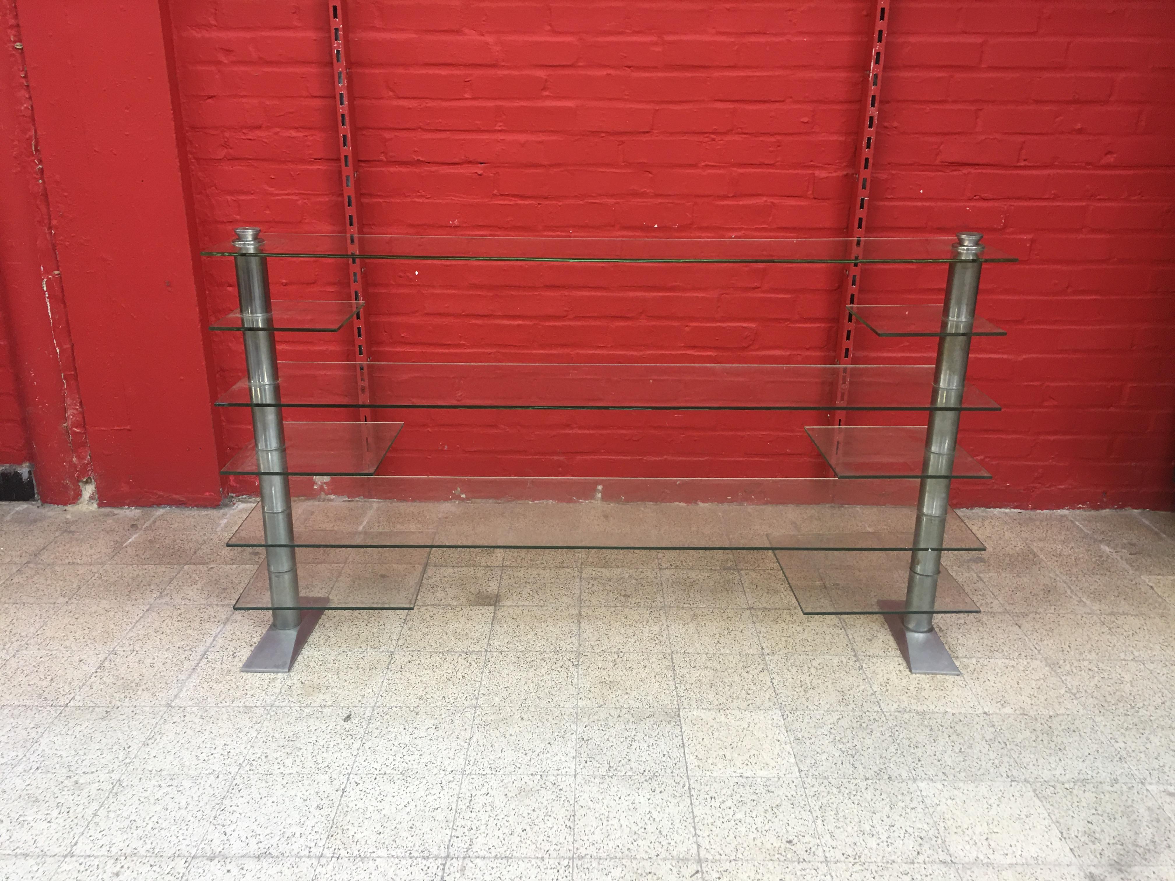 Old Store Shelf, Art Deco Period, Steel and Safety Glass, circa 1930 For Sale 1