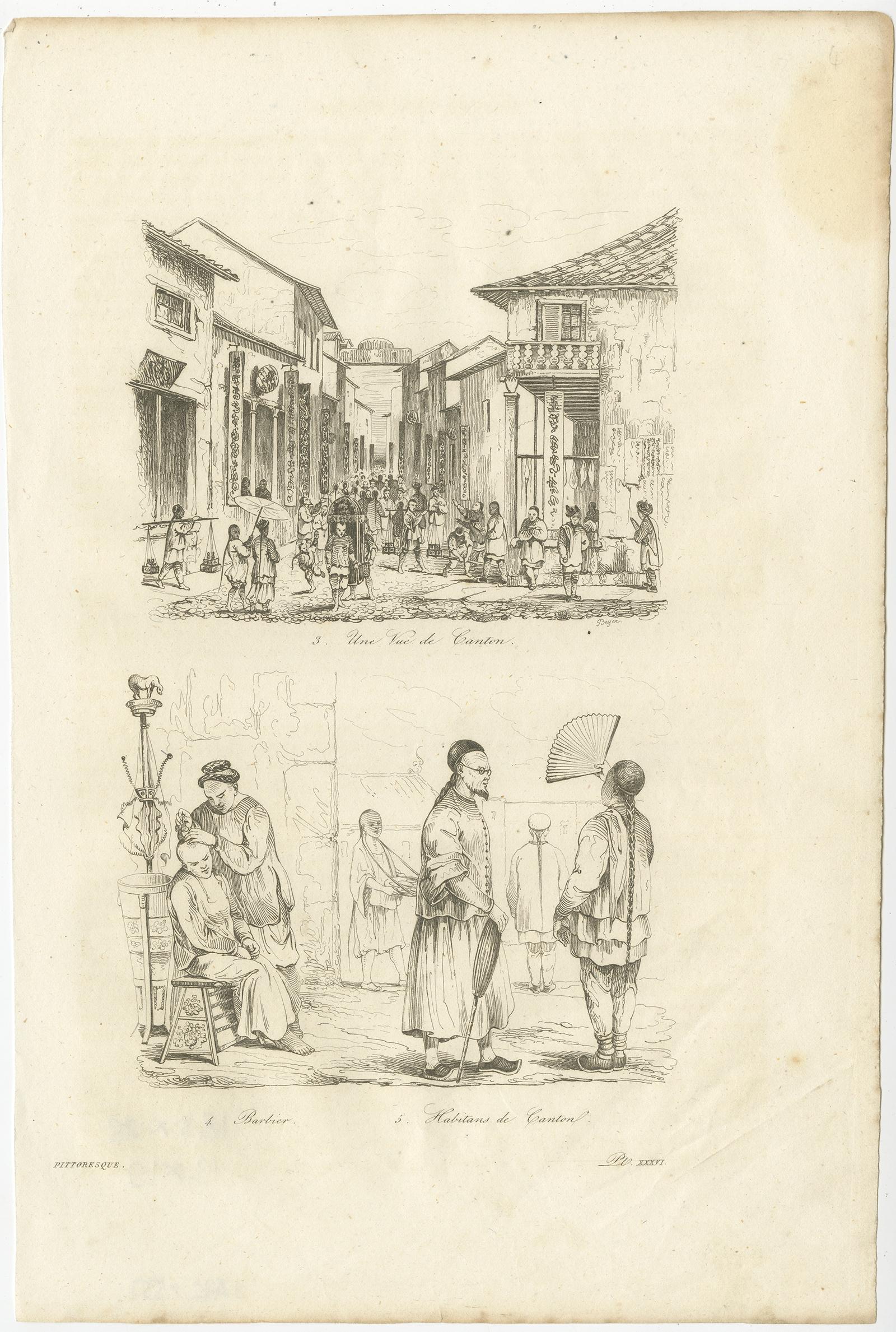 Antique print titled 'Une Rue de Canton - Barbier - Habitans de Canton'. 

View of a street in Guangzhou (Canton) and inhabitants of Guangzhou, also includes a small image of a Chinese barber. This print originates from 'Voyage pittoresque autour