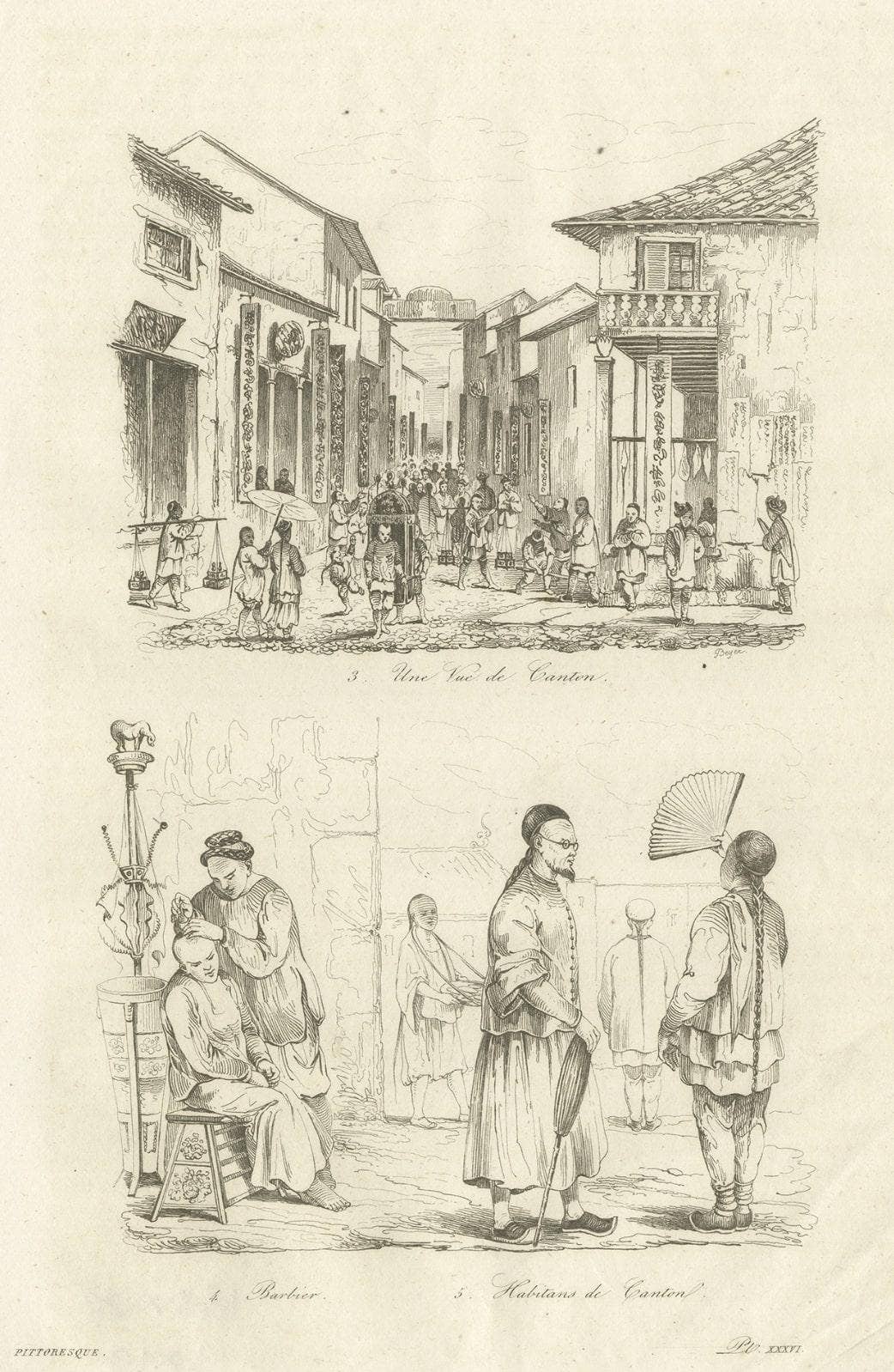 Old Street View in Guangzhou 'Canton' and Inhabitants of Guangzhou, China, 1834