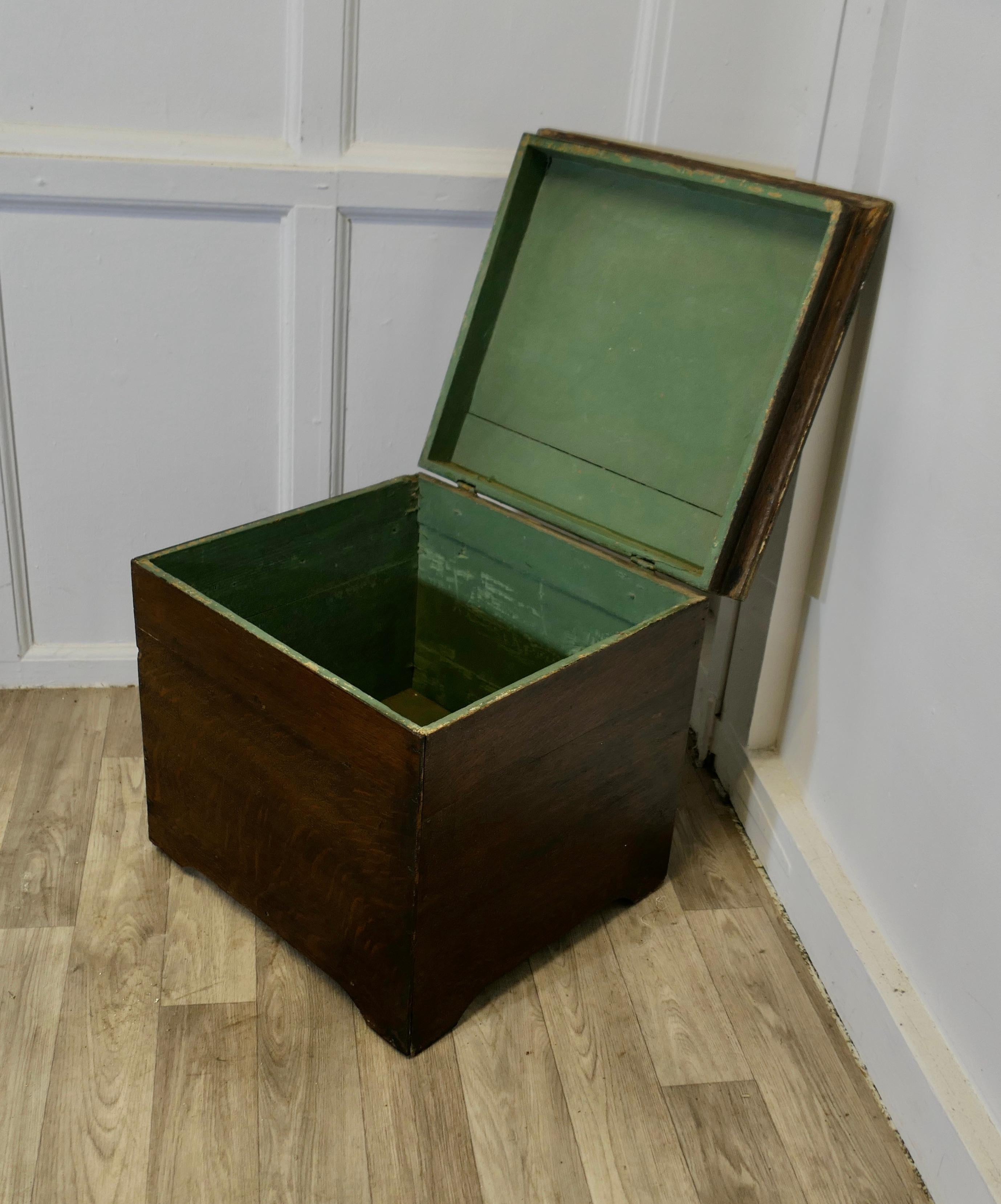 Old Sturdy Oak Chest, Log Box

The box is a sturdy piece and would be well suited as a Log Chest as the small dimensions would sit well by the fire  and it is in good sound condition.
The box measures 20’’ wide x 18’’ deep and stands 218’’ high