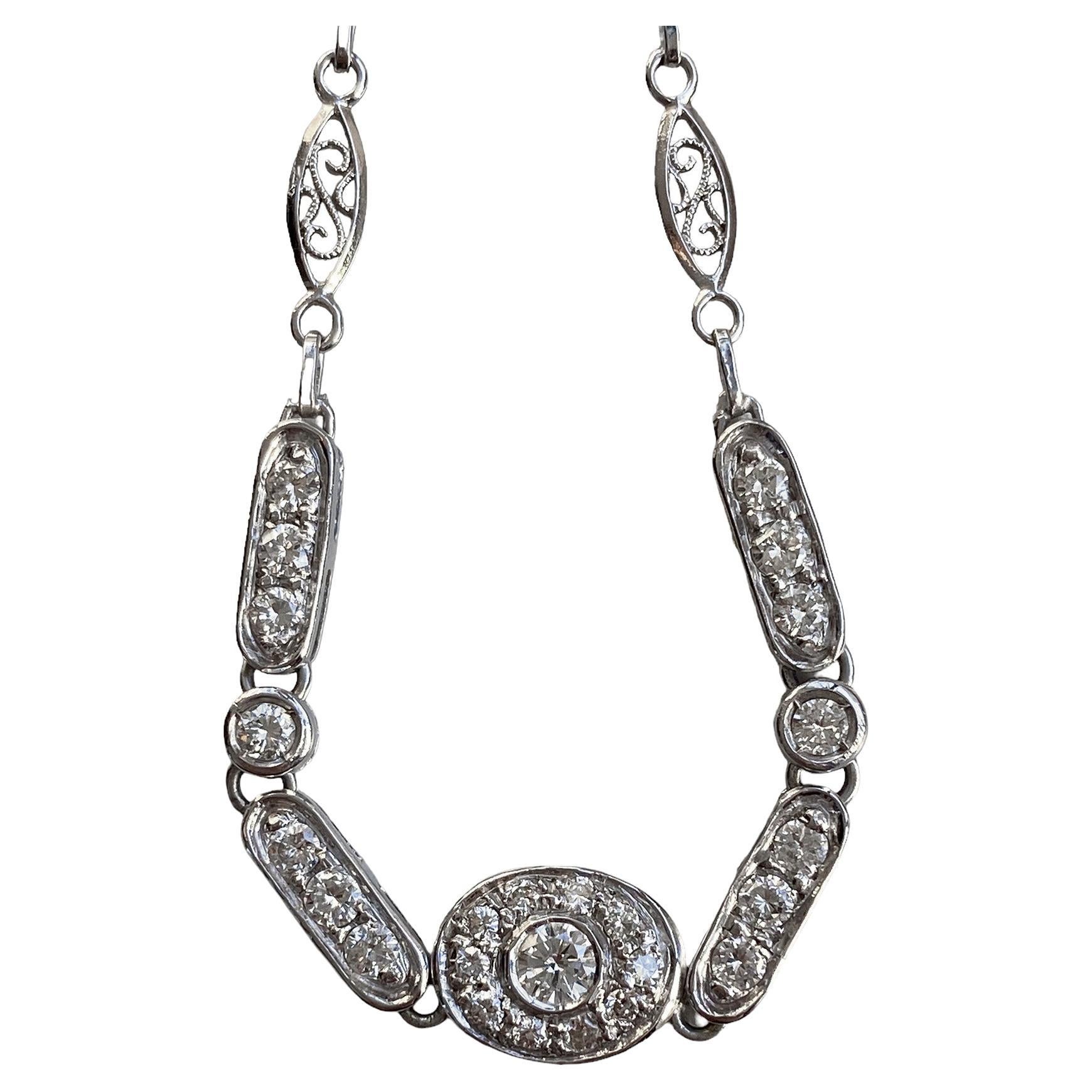 Old Style Necklace with Natural White Diamonds, 18kt White Gold, Made in Italy For Sale
