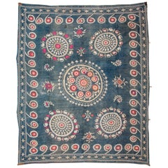 Old Suzani Embroidery on Blue Velvet, Mid-20th Century