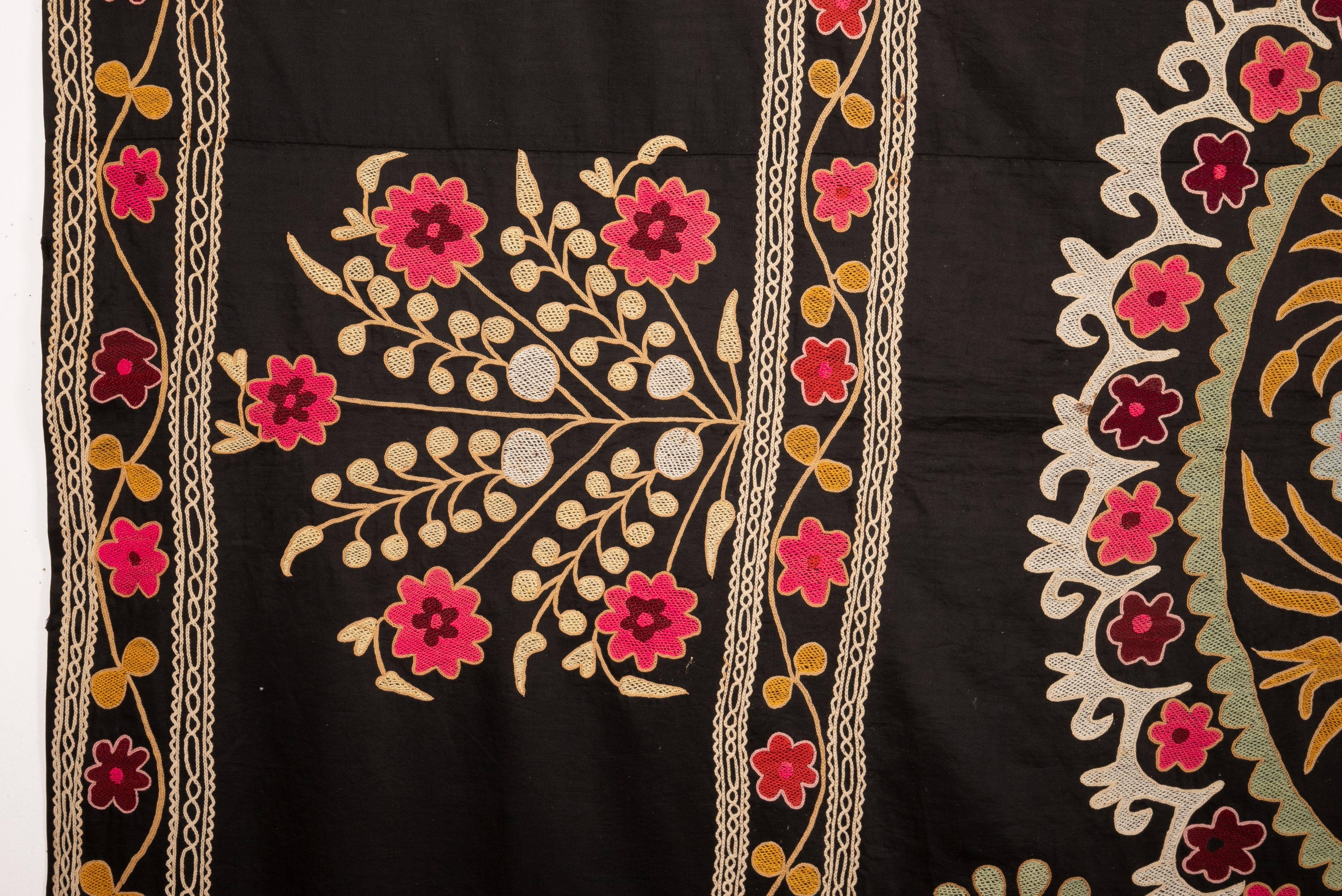 Embroidered Old Suzani with Black Background from Uzbekistan, Central Asia, 1930s