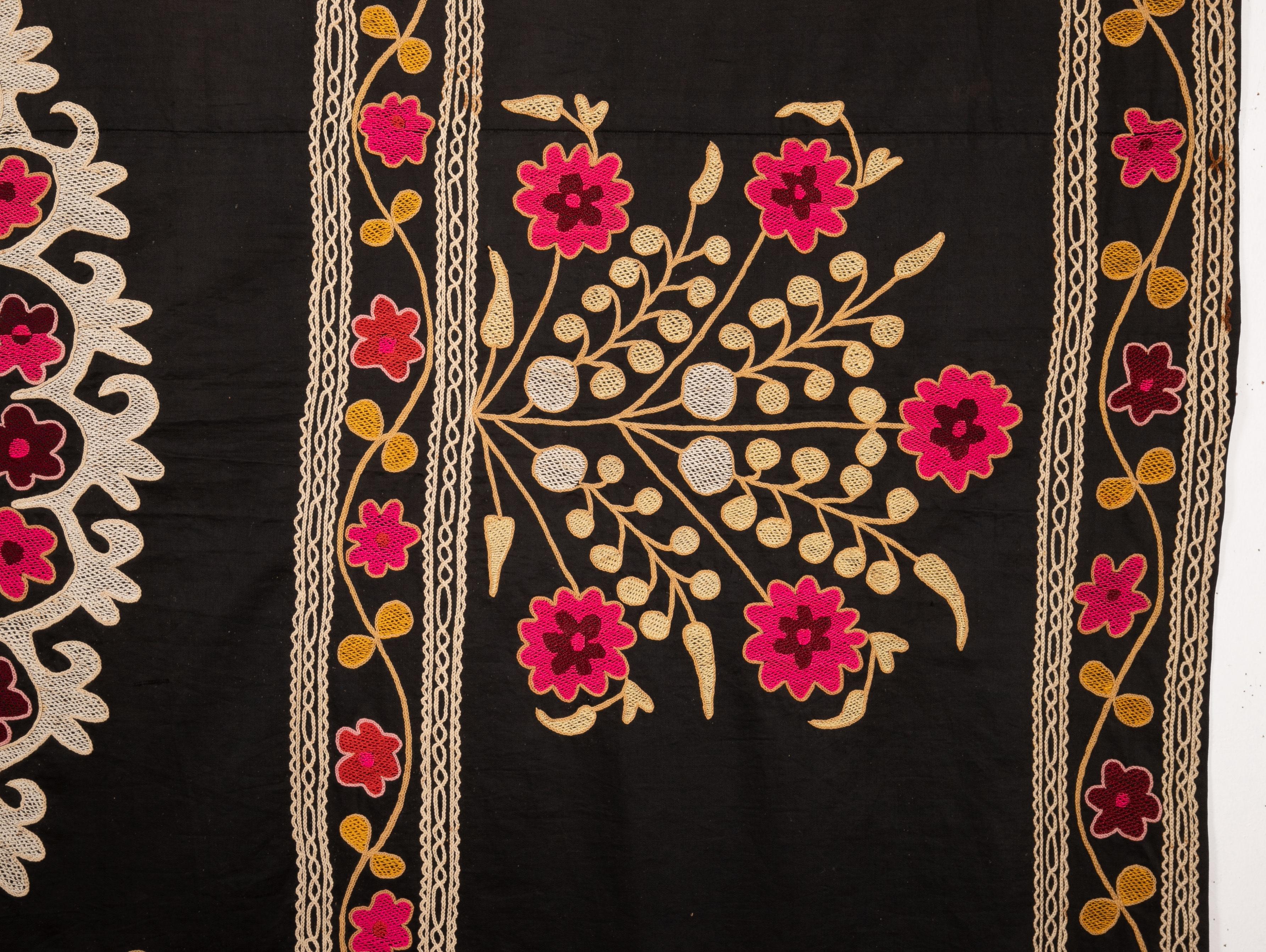 20th Century Old Suzani with Black Background from Uzbekistan, Central Asia, 1930s