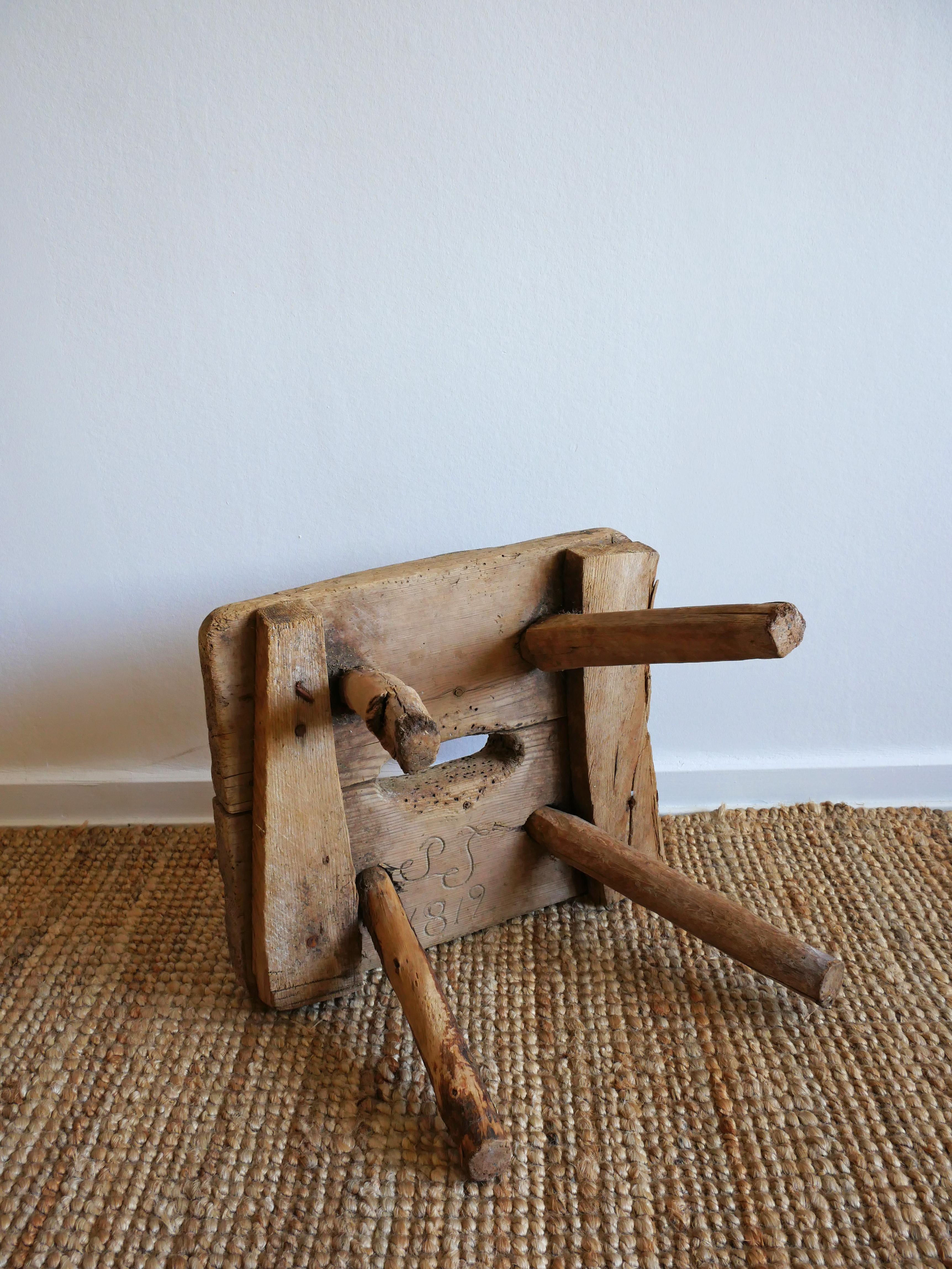 Early 19th Century Old Swedish Milking Stool Dated 1819