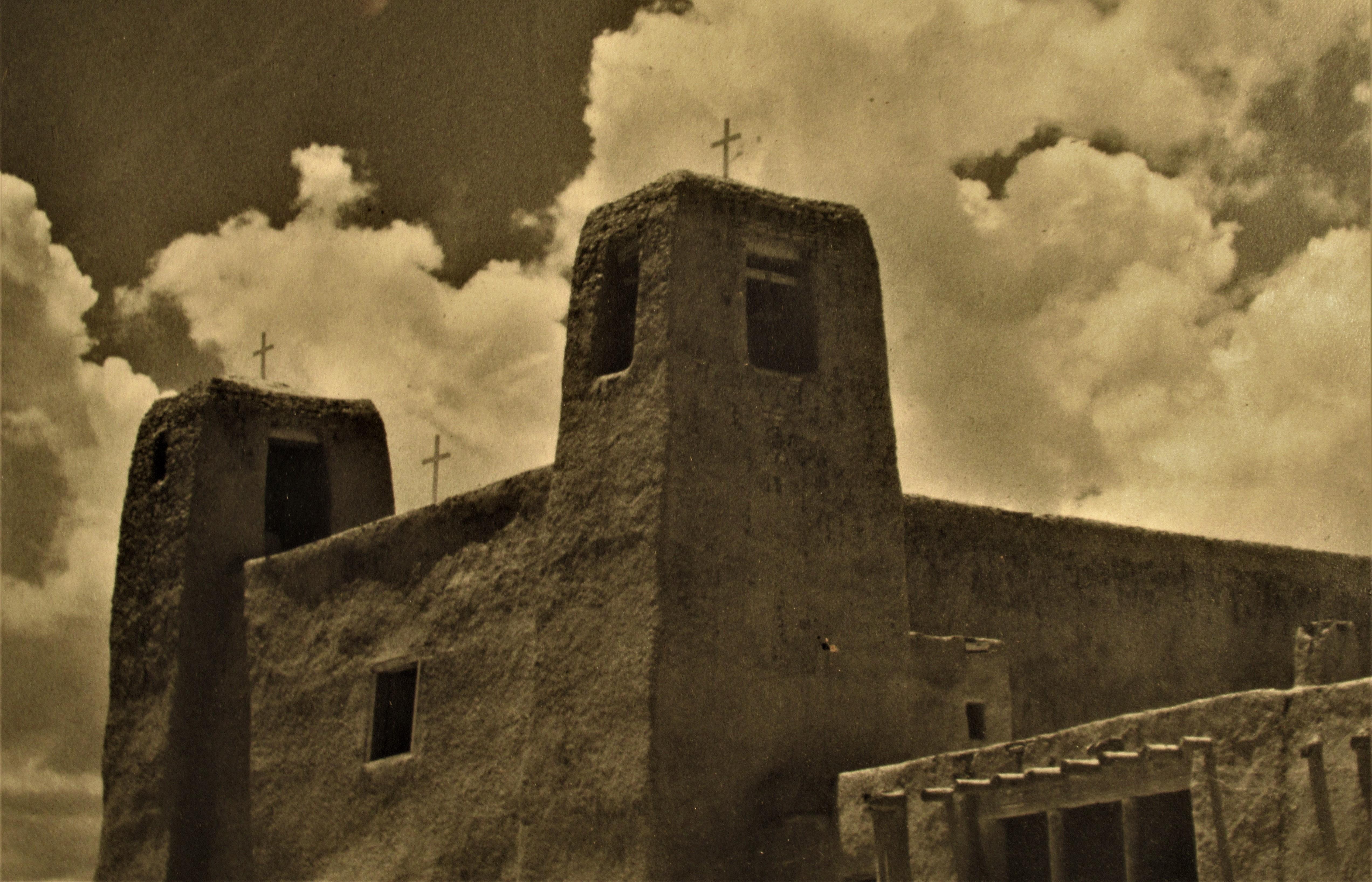 Old Taos Pueblo New Mexico Photograph Stark Landscape with Mission Church In Good Condition In Rochester, NY