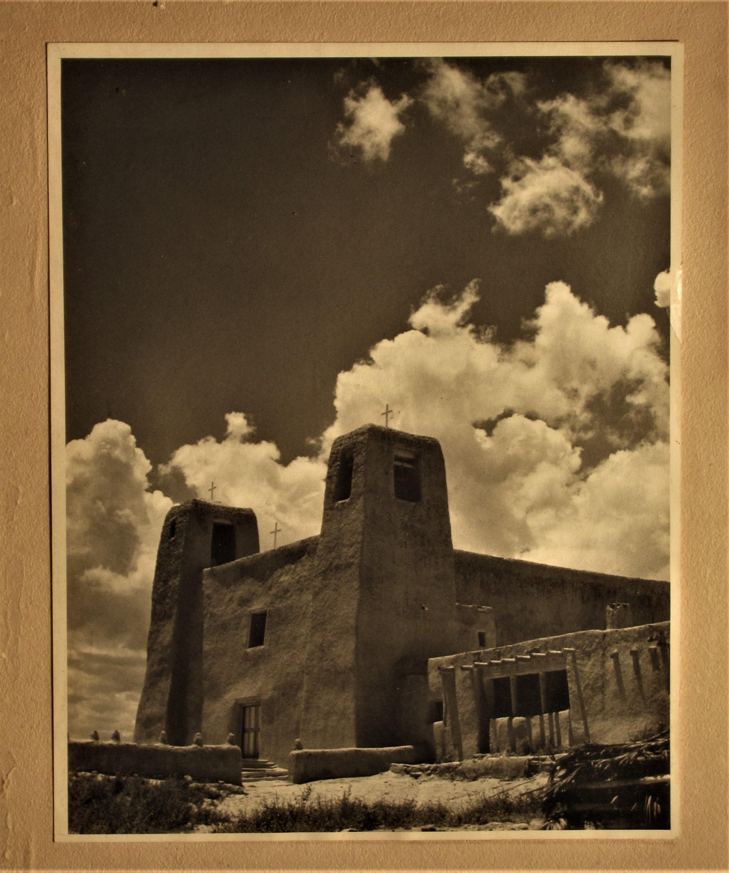 Glass Old Taos Pueblo New Mexico Photograph Stark Landscape with Mission Church