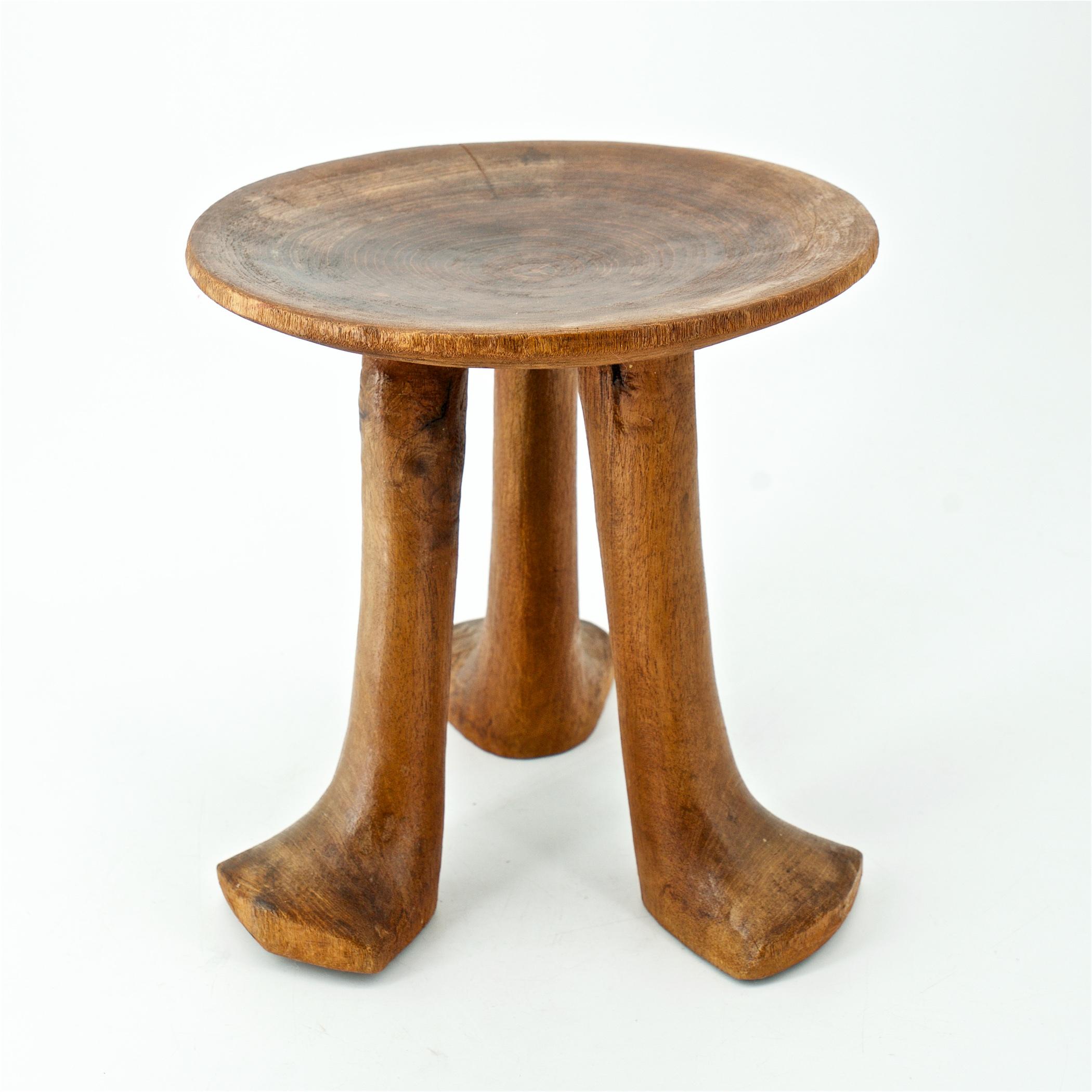 Unknown Old Teak Petite Artisan Carved Tripod Stool Pedestal Table John Dickinson Style