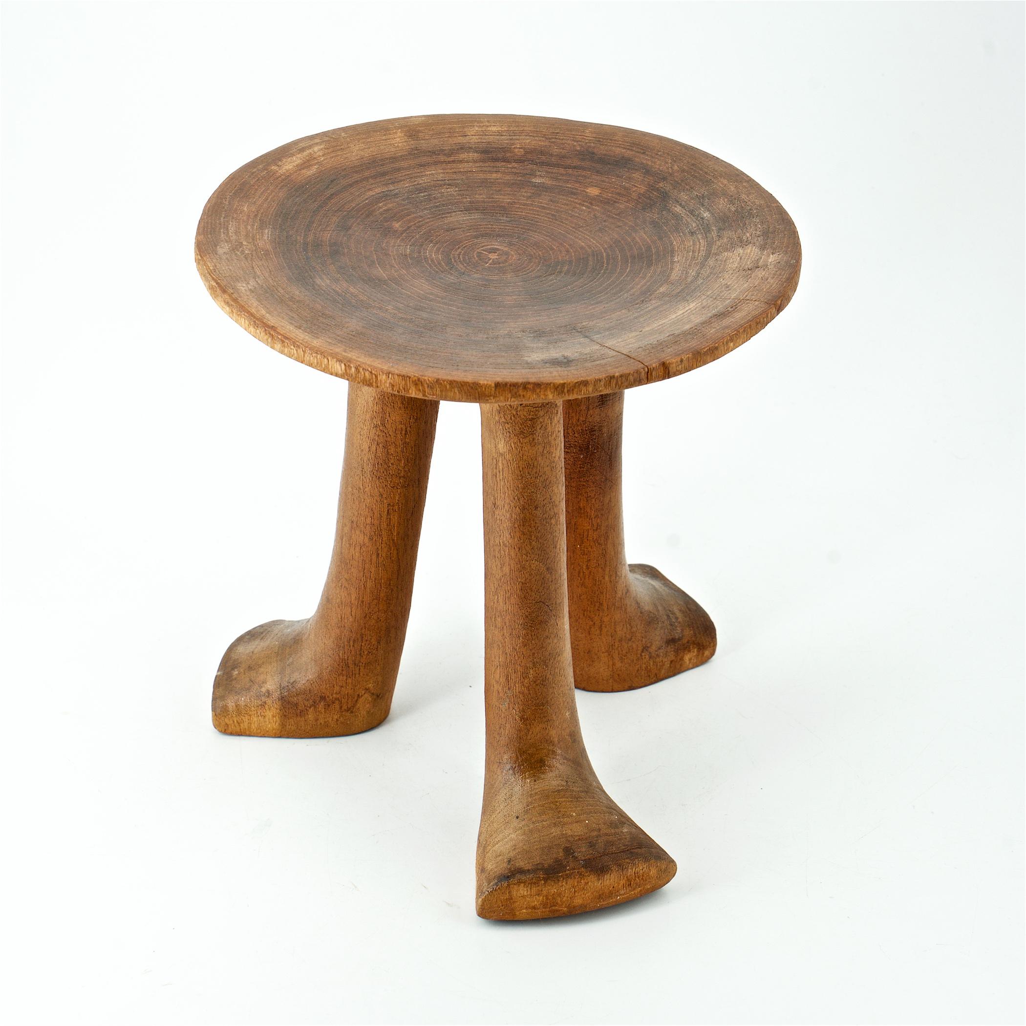 Hand-Carved Old Teak Petite Artisan Carved Tripod Stool Pedestal Table John Dickinson Style