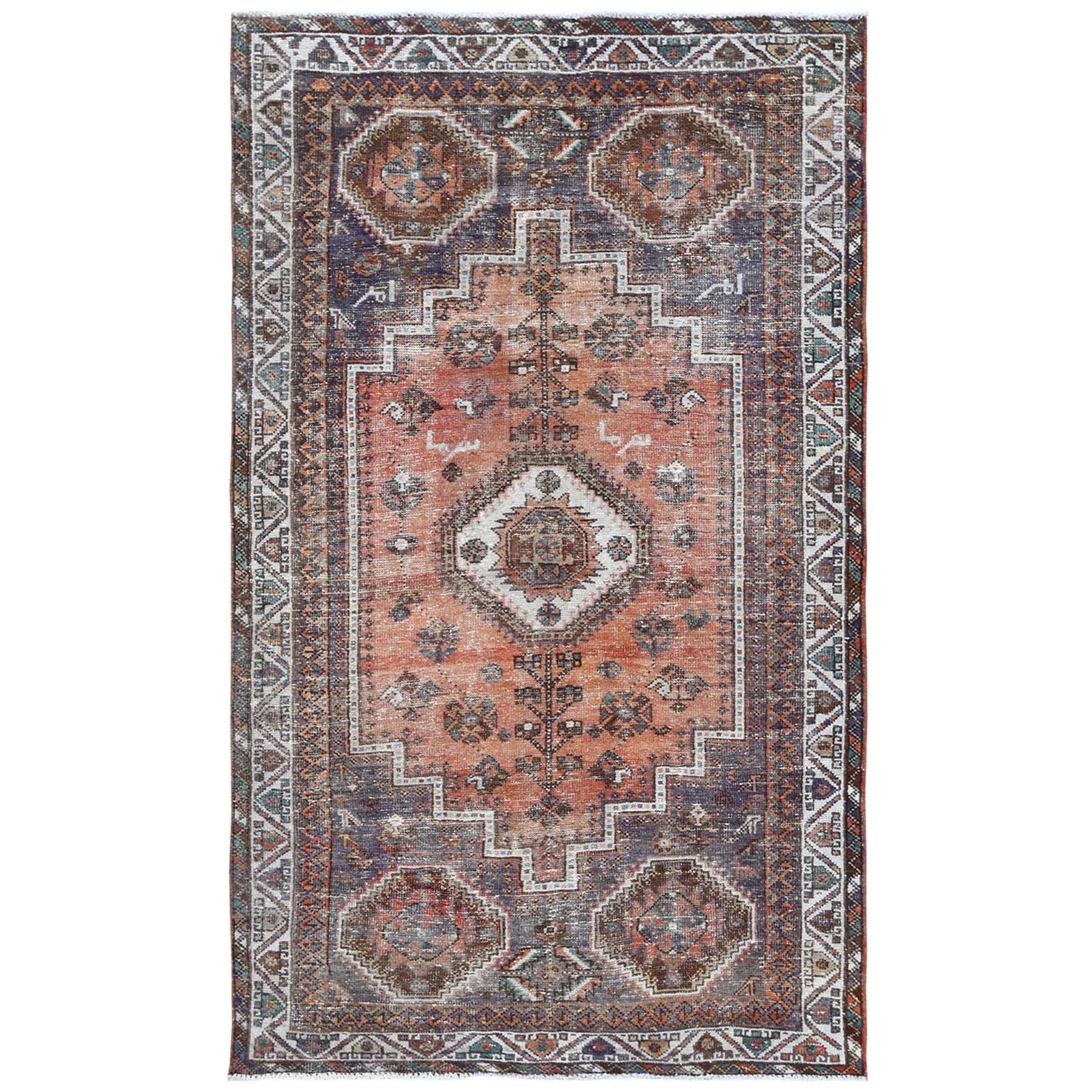 Old Terracotta Persian Qashqai Sheared Low Hand Knotted Pure Wool Rug