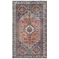 Old Terracotta Persian Qashqai Sheared Low Hand Knotted Pure Wool Rug