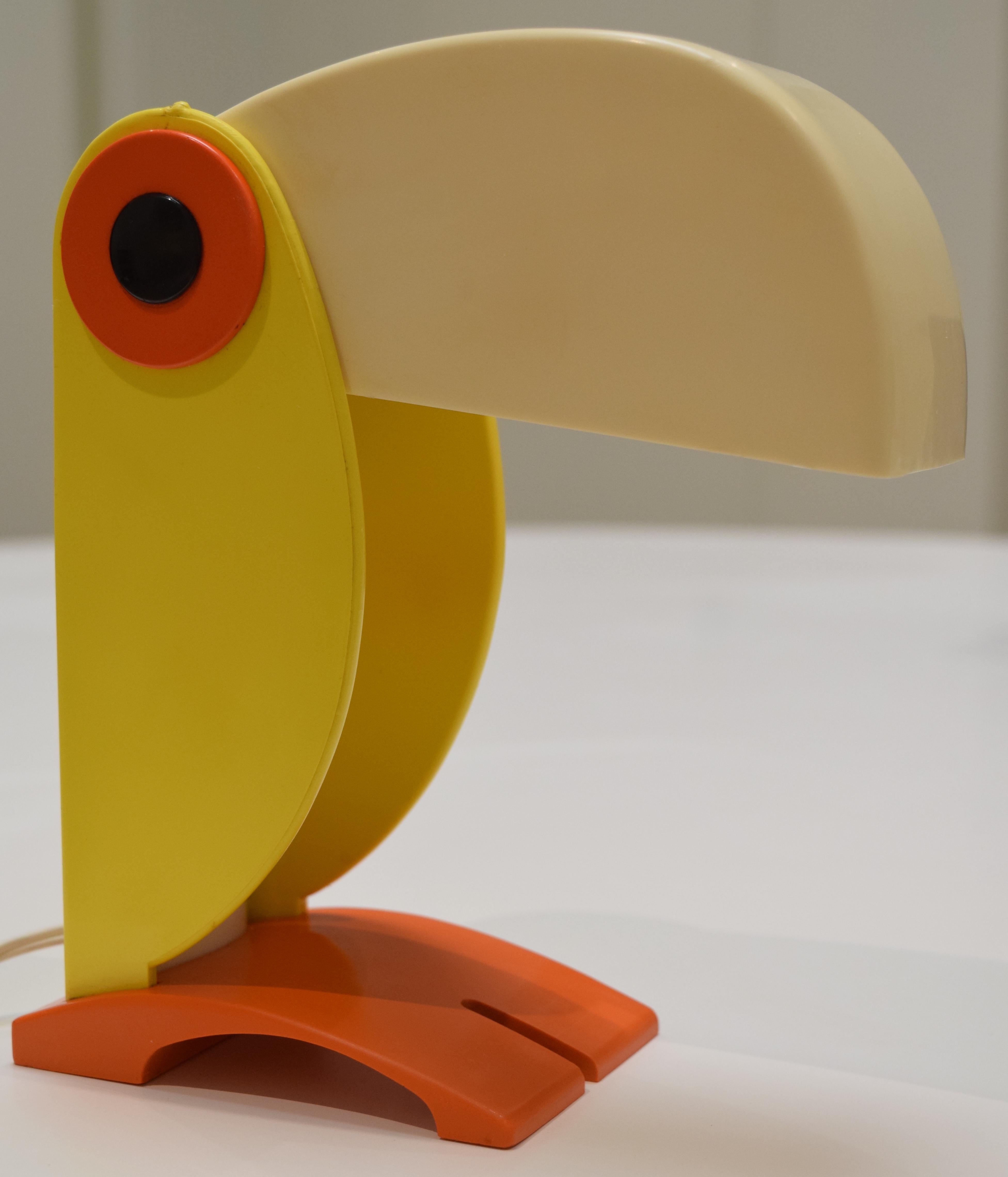 Store closing-- last day is 7/31. Offers welcome! Classic Italian toucan lamp in orange and yellow by Old Timer Ferrari. Signed to base. Measures: 7.5