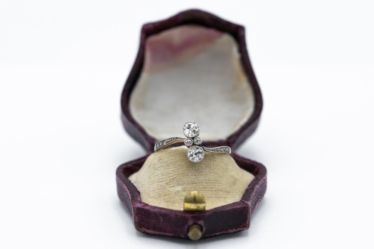 Old toi et moi ring with old-cut diamonds, early 20th century In Good Condition For Sale In Chorzów, PL