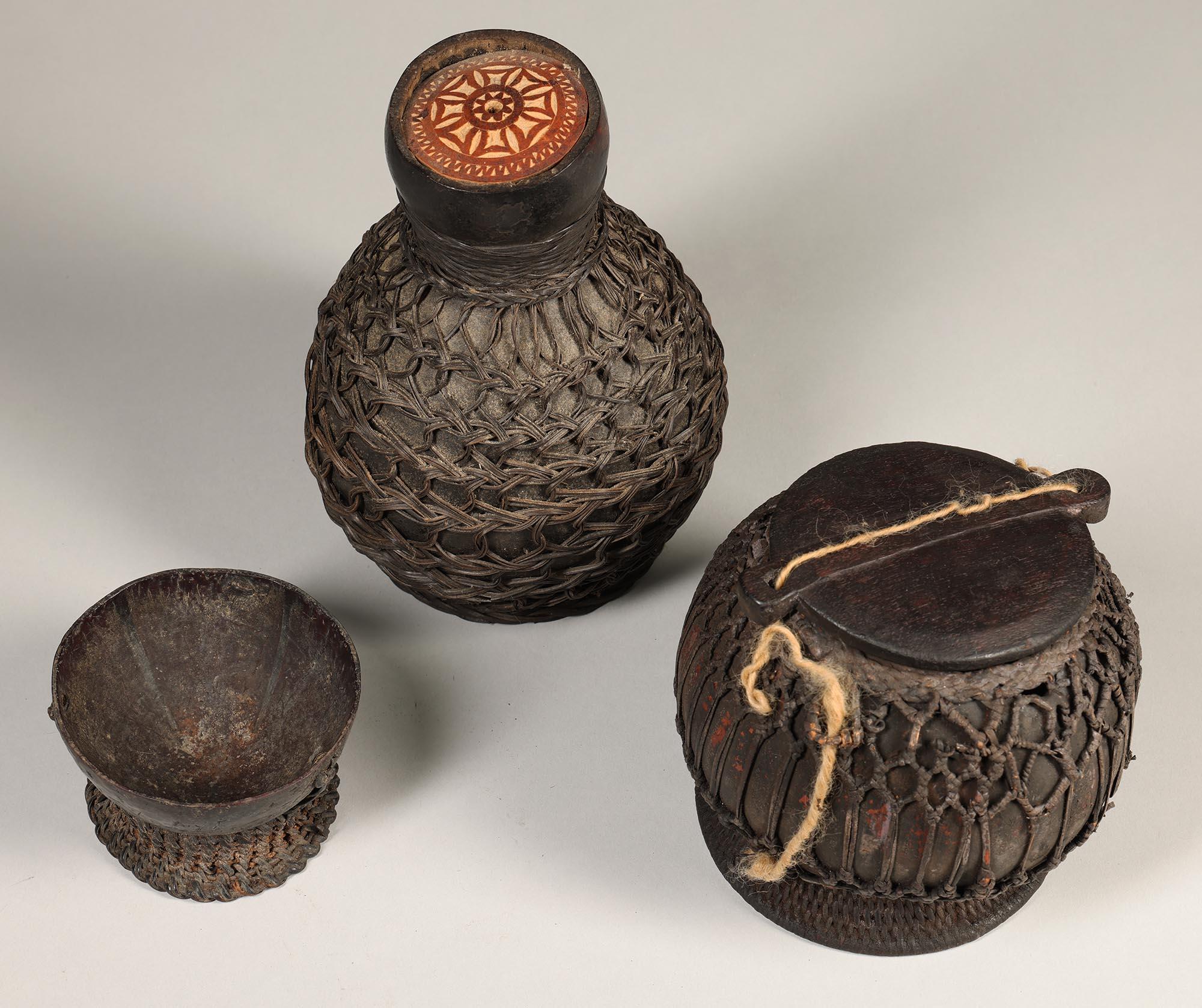 Hand-Crafted Old Toraja Group of three Basketry Wrapped Coconut Containers, Indonesia For Sale