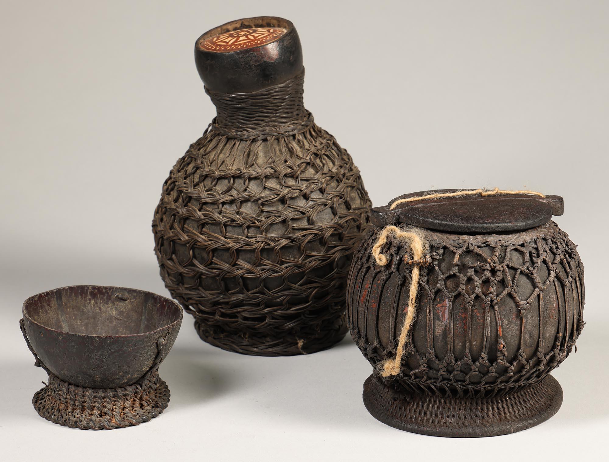 Old Toraja Group of three Basketry Wrapped Coconut Containers, Indonesia In Distressed Condition For Sale In Point Richmond, CA