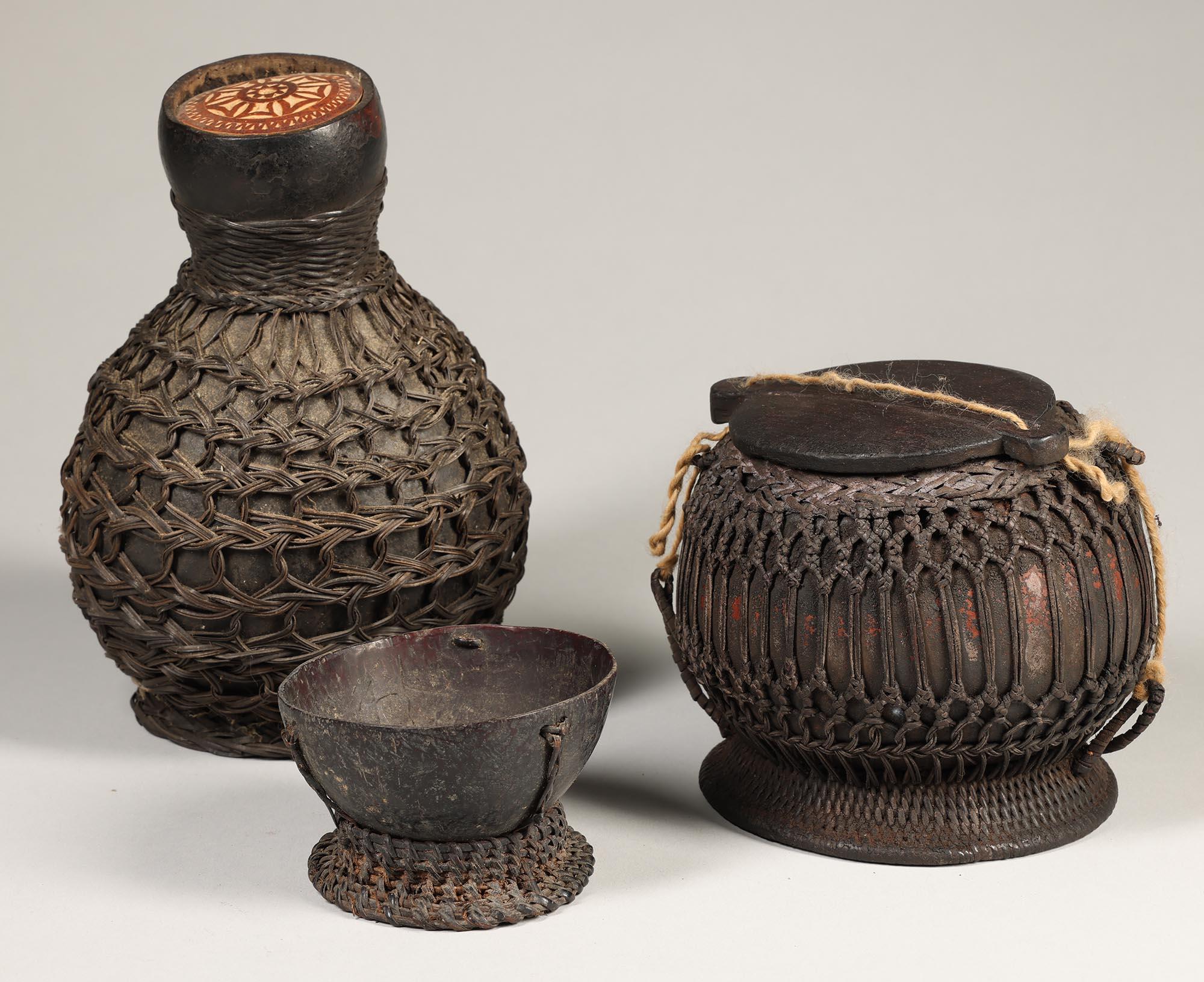20th Century Old Toraja Group of three Basketry Wrapped Coconut Containers, Indonesia For Sale