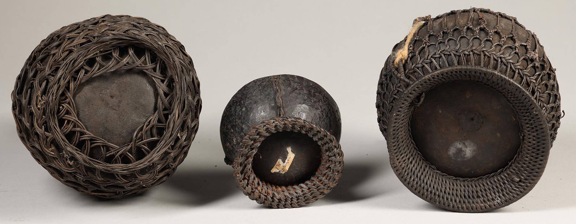Organic Material Old Toraja Group of three Basketry Wrapped Coconut Containers, Indonesia For Sale