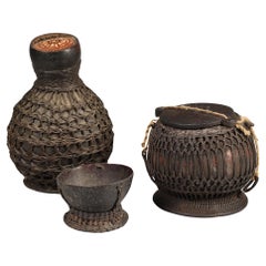 Vintage Old Toraja Group of three Basketry Wrapped Coconut Containers, Indonesia