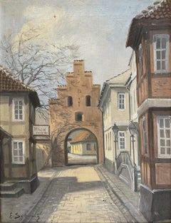 Vieille ville de Copenhague - huile sur toile par E. Schwarz - années 1930