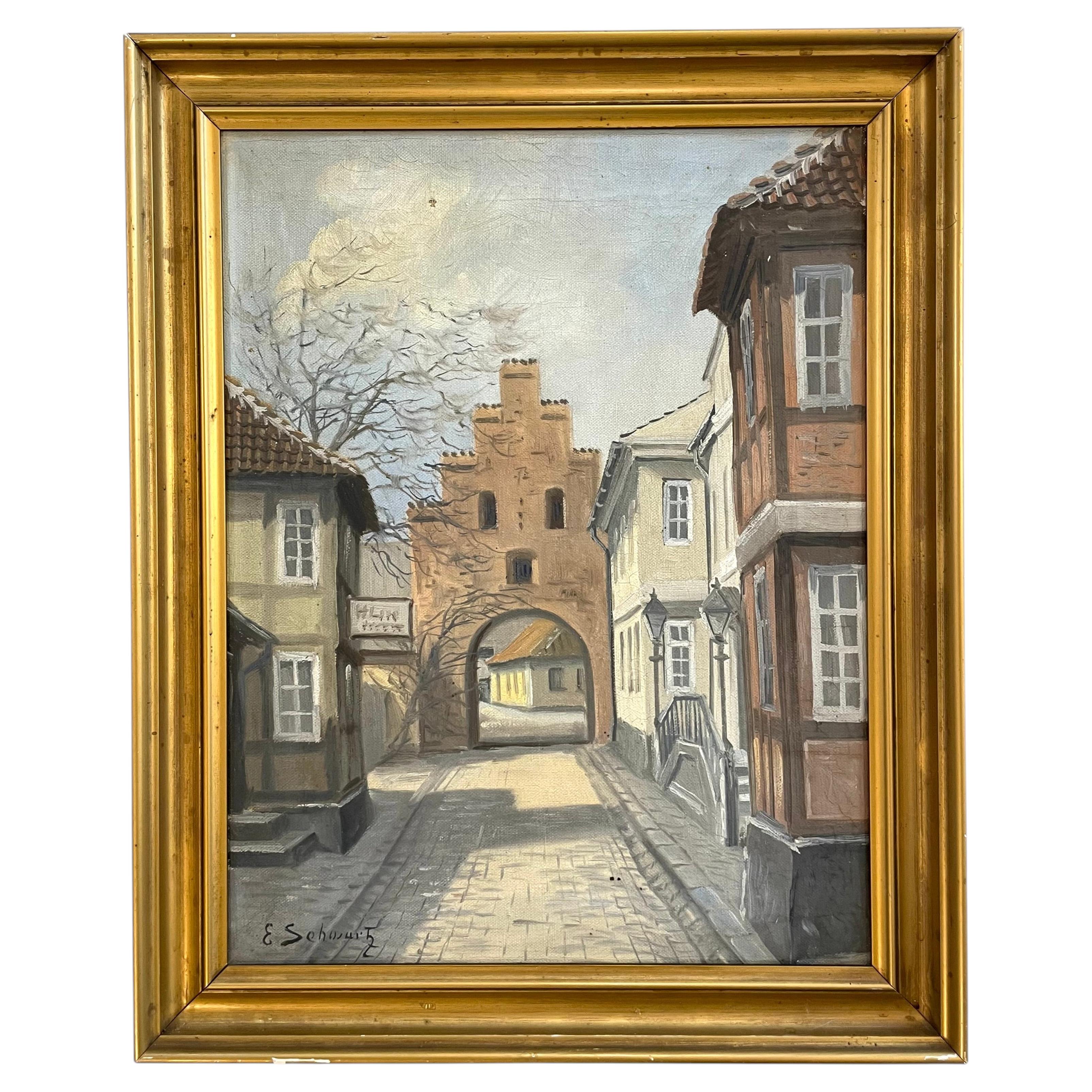 Città vecchia di Copenaghen - olio su tela di E. Schwarz - 1930 in vendita