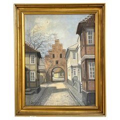 Vieille ville de Copenhague - huile sur toile par E. Schwarz - années 1930