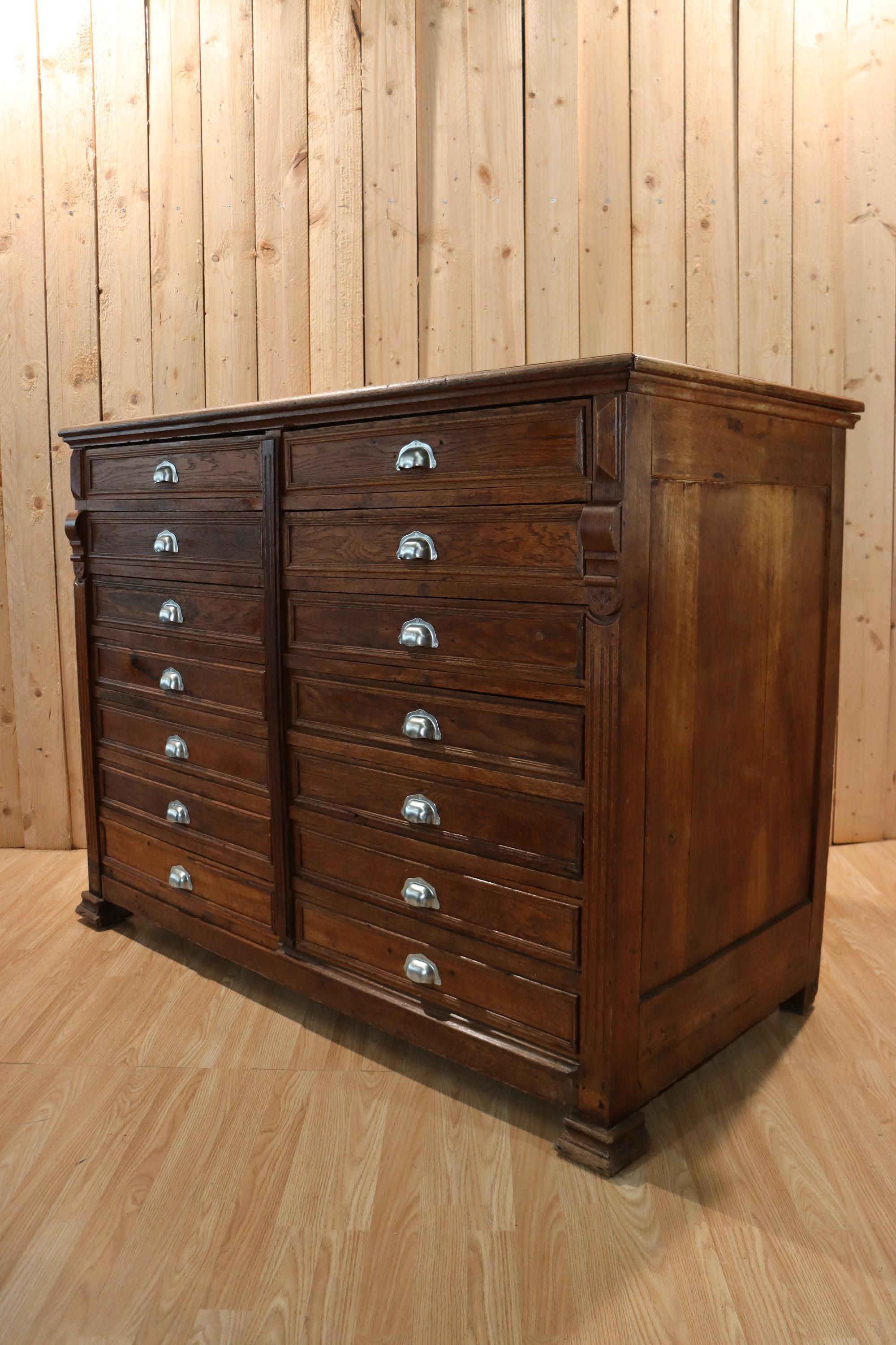 Antique large printer's cabinet with 14 drawers. Solid oak cabinet dating from the late 19th/early 20th century. Iron shell handles. Ideal for large spaces. Of remarkable quality.
