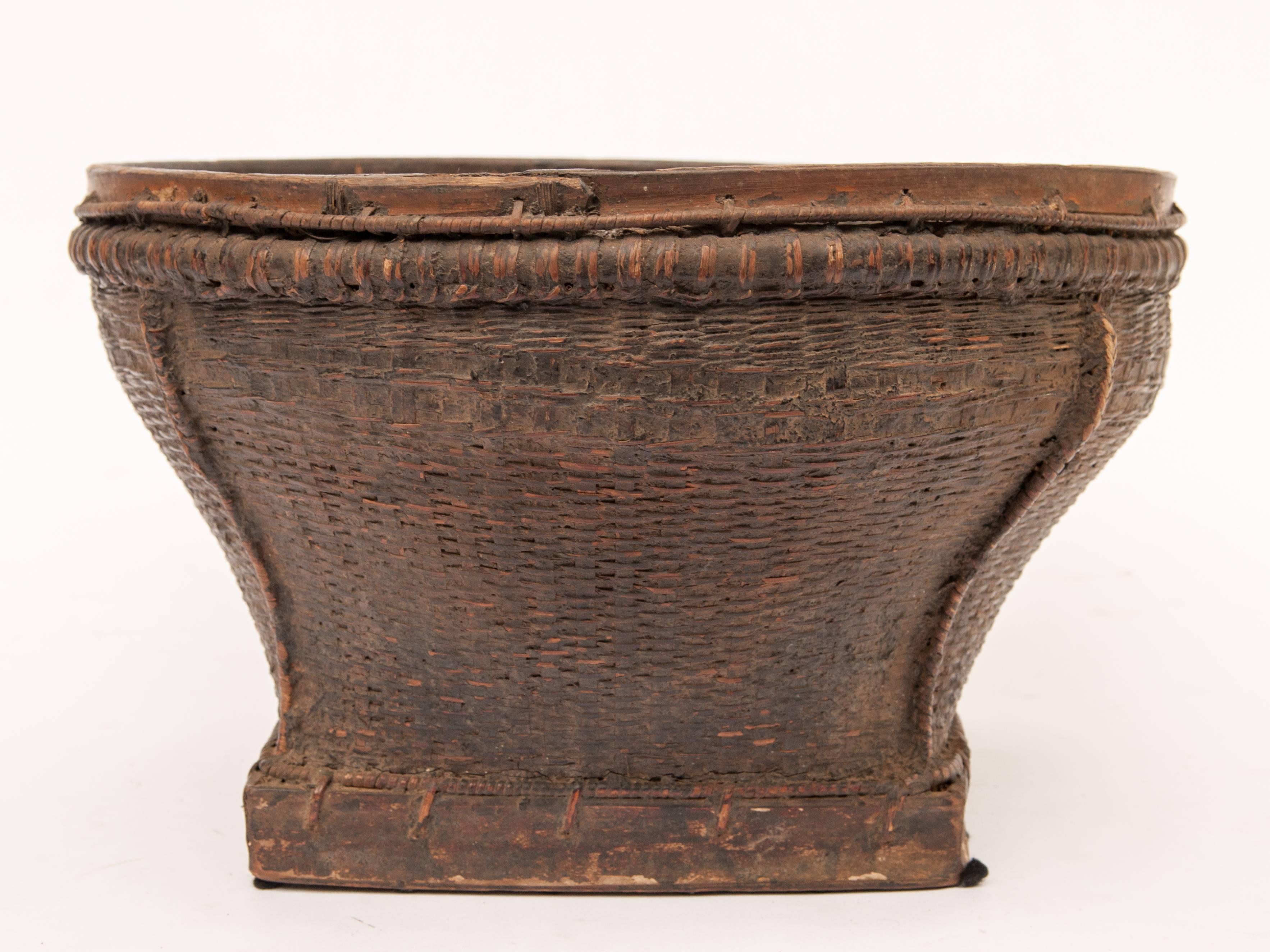 Bamboo Old Tribal Market Basket from Cambodia, Mid-20th Century